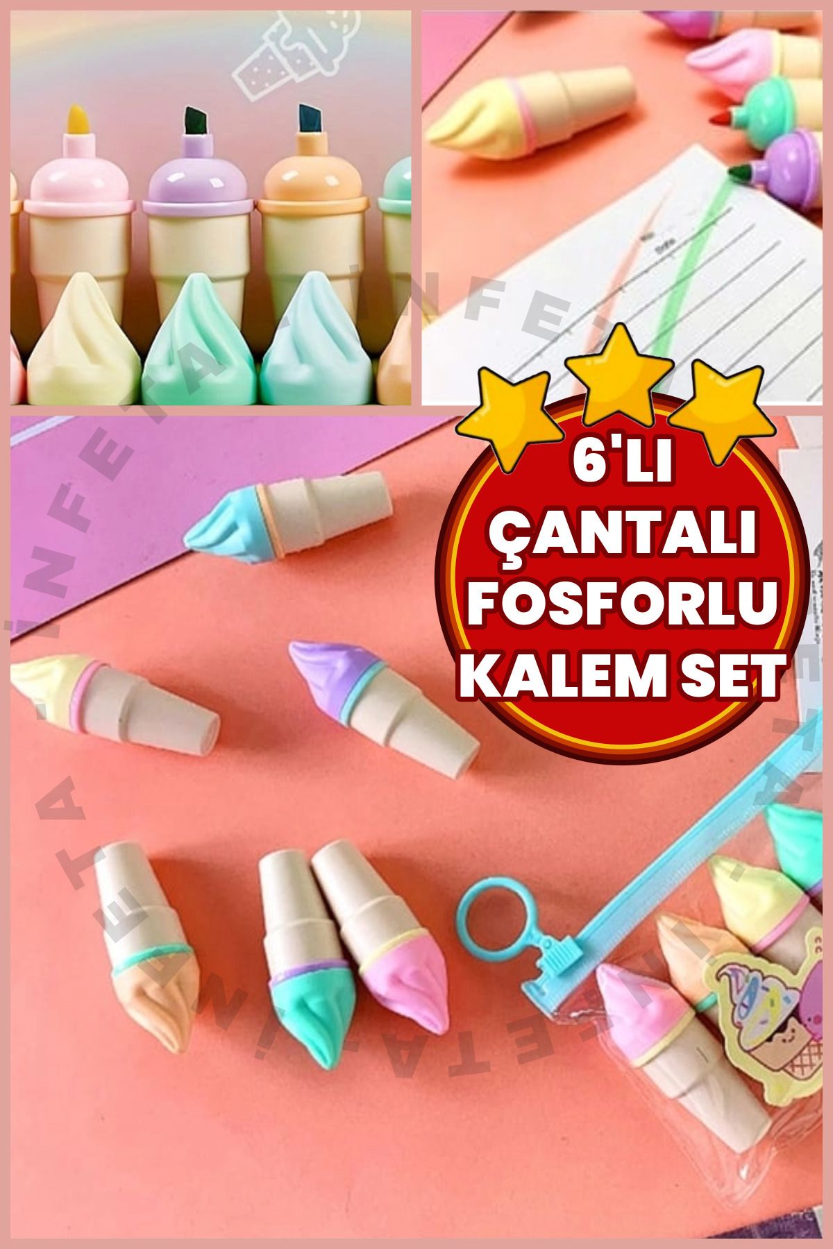 İnfeta 6lı Külah Dondurma Mini Fosforlu Kalem Şeffaf Çantalı