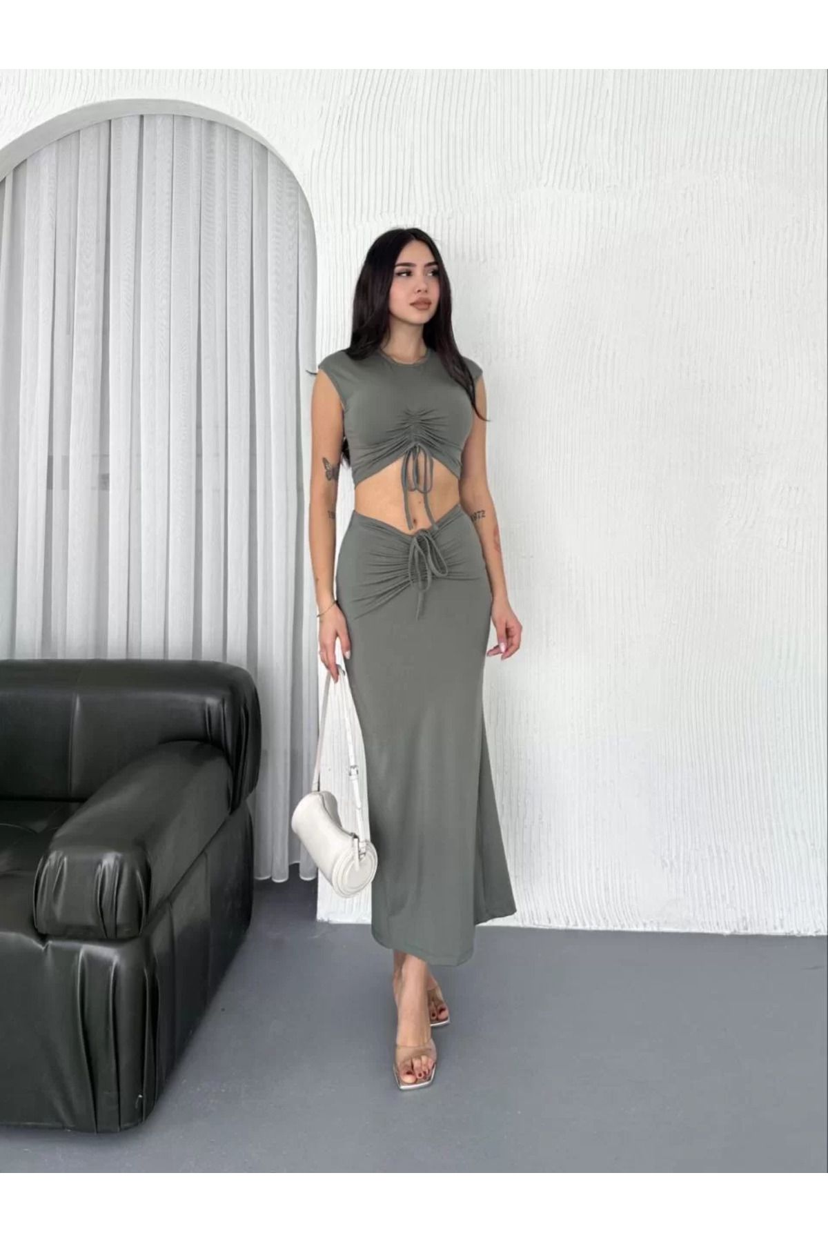 FantaziAtölyesi Modal Yumuşak Dokulu Kumaş Büzgülü Crop Etek Takım - Mint yeşili