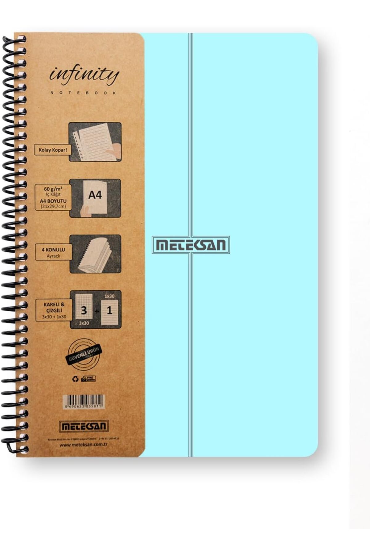 STOREMAX Sbl Infinity Pastel Serisi, A4, 4 Konulu (3 Kareli, 1 Çizgili) 120 Yaprak PP Kapaklı Spiralli Deft