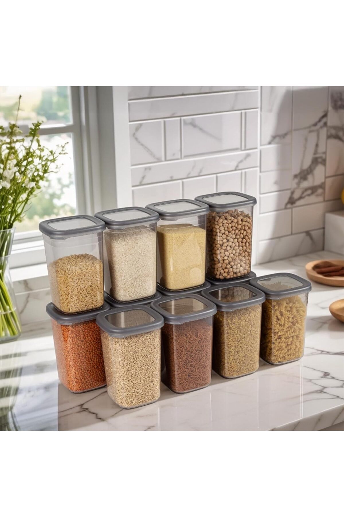 LUXE Adet 24 Parça Etiket Hediyeli 1200 ml. Sızdırmaz Kapaklı Kare Erzak Bakliyat Saklama Kabı Çey