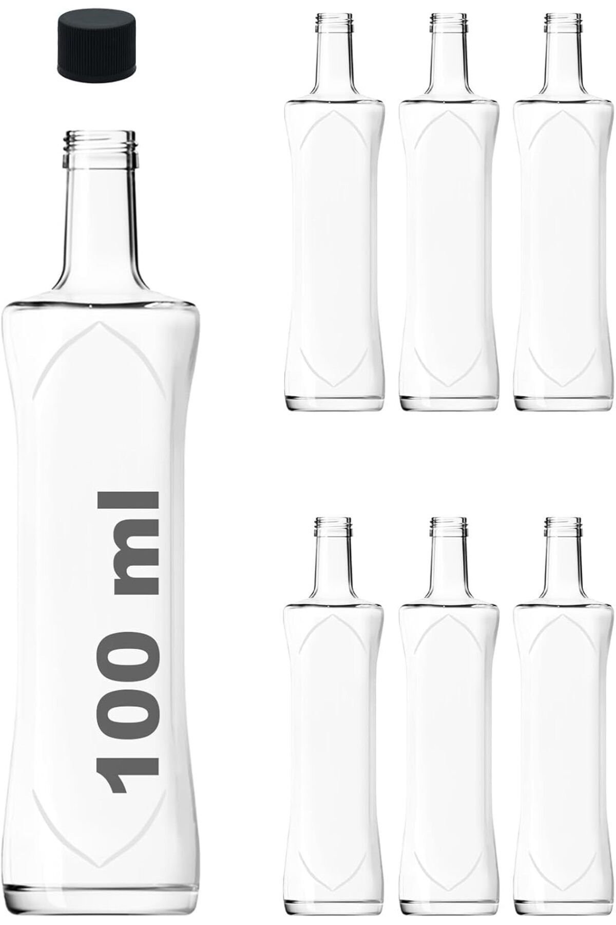 LUXE 100 ml Şeffaf Piramit Sosluk 100 cc Kapaklı Kavisli Cam Şişe 6 Adet (Siyah (Plastik)) LXSHP 105