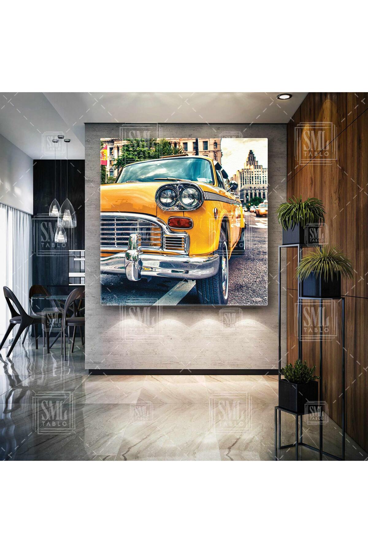 Yellow Vintage Car City Life Taxi Square Canvas Painting