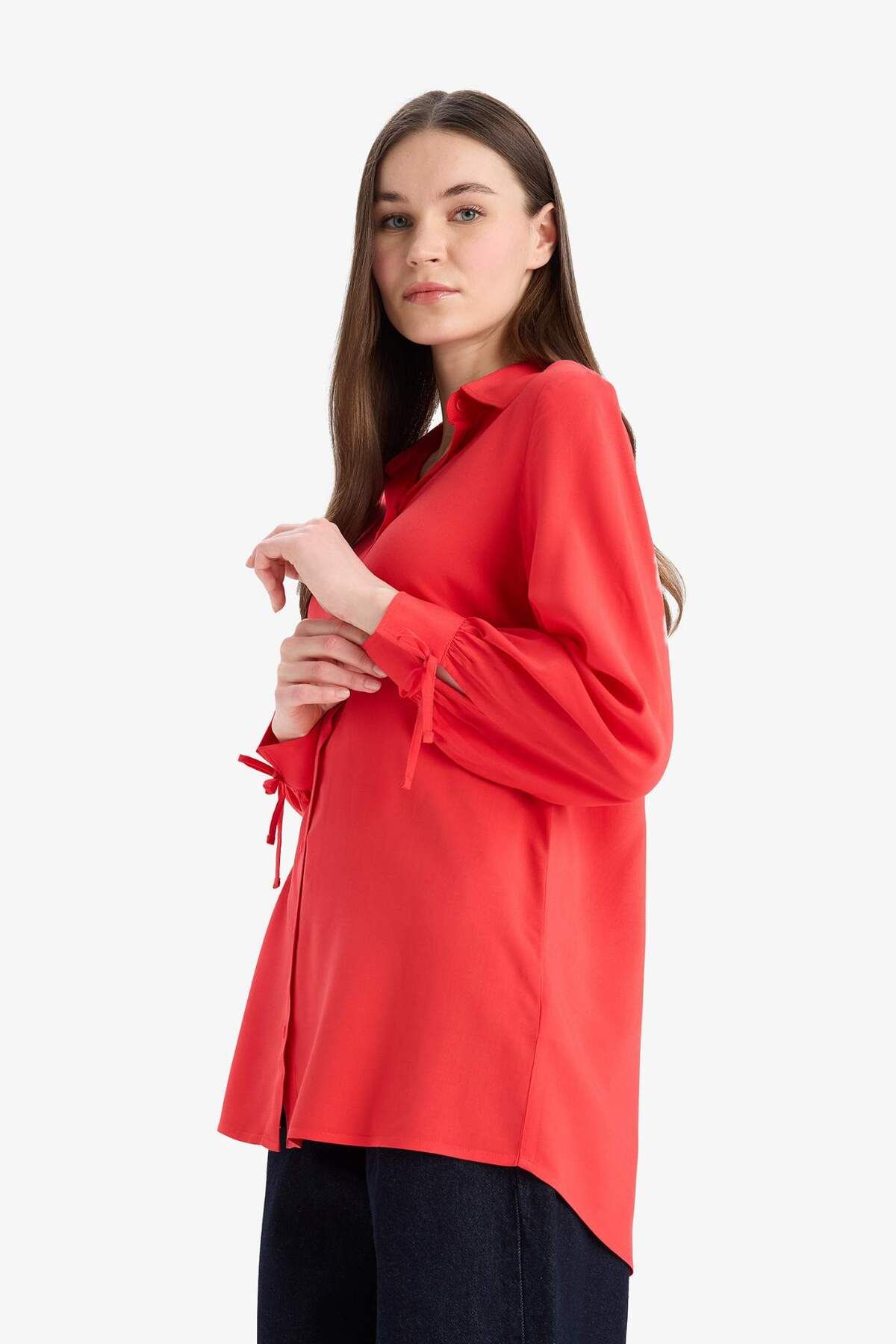 DeFacto-Regular Fit Basic Plain Viscose Long Sleeve Shirt Tunic D7352Ax25Sp 4