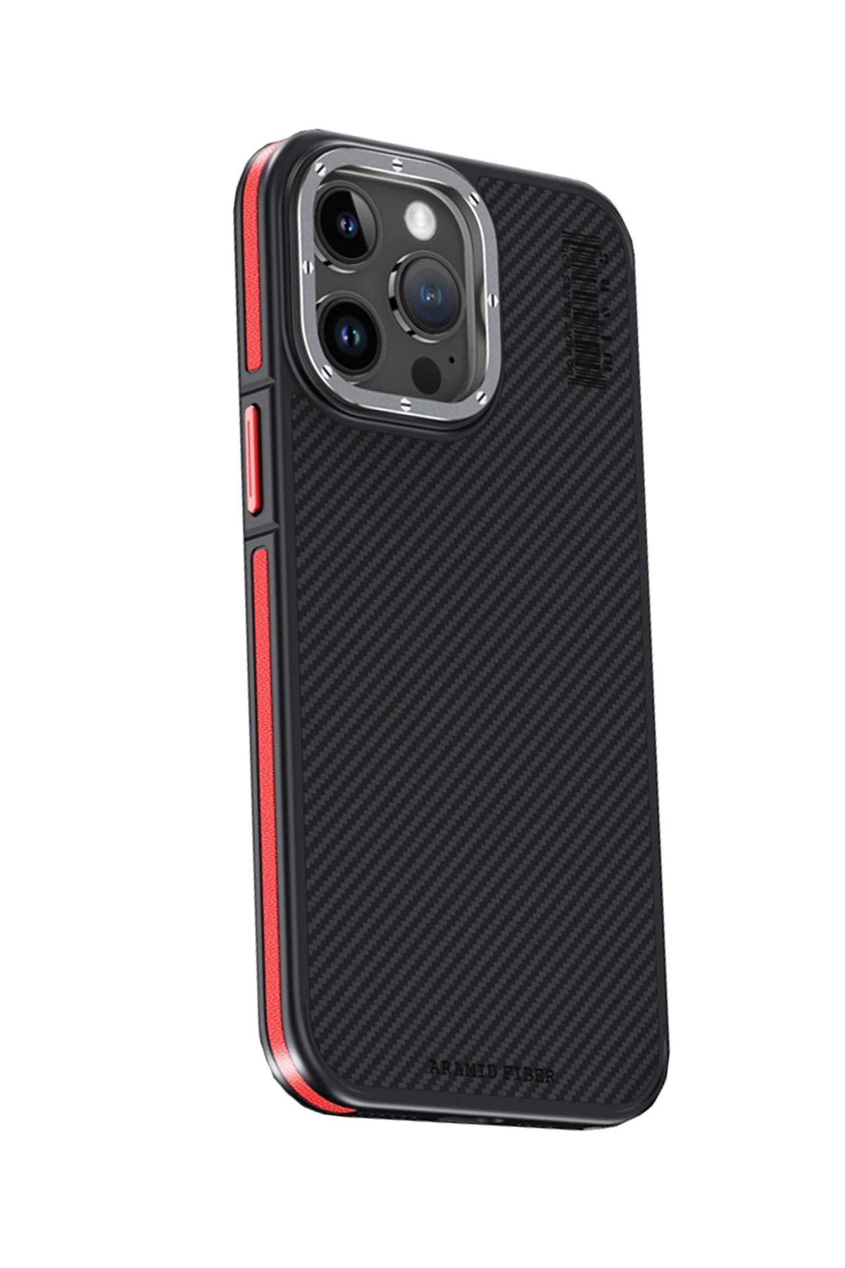 Joko iPhone 15 Pro Kılıf Aramid 600D Kevlar Karbon Fiber Magsafe Kapak - Kırmızı SPTGL