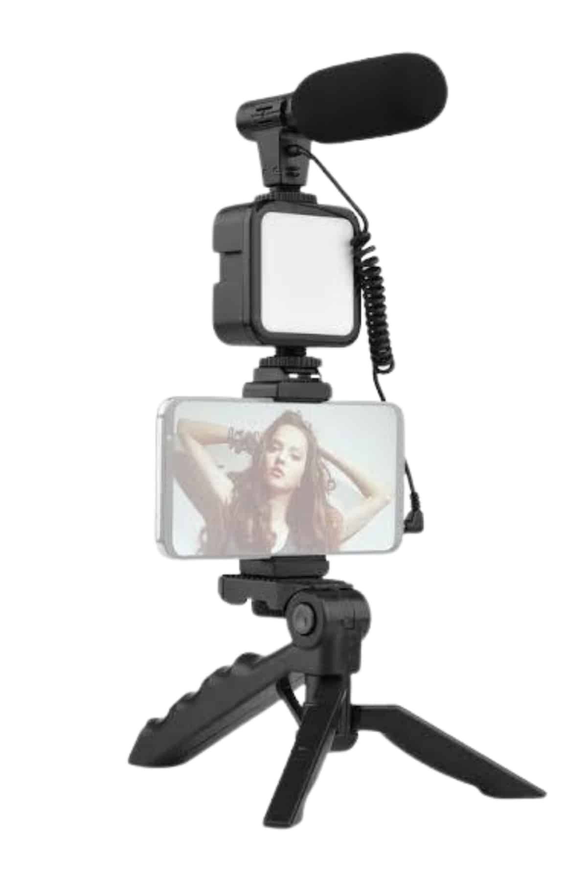 FTA TİCARET Tripod Telefon Tutucu Kumandalı Mikrofon Led Işık Vlog Video Kayıt