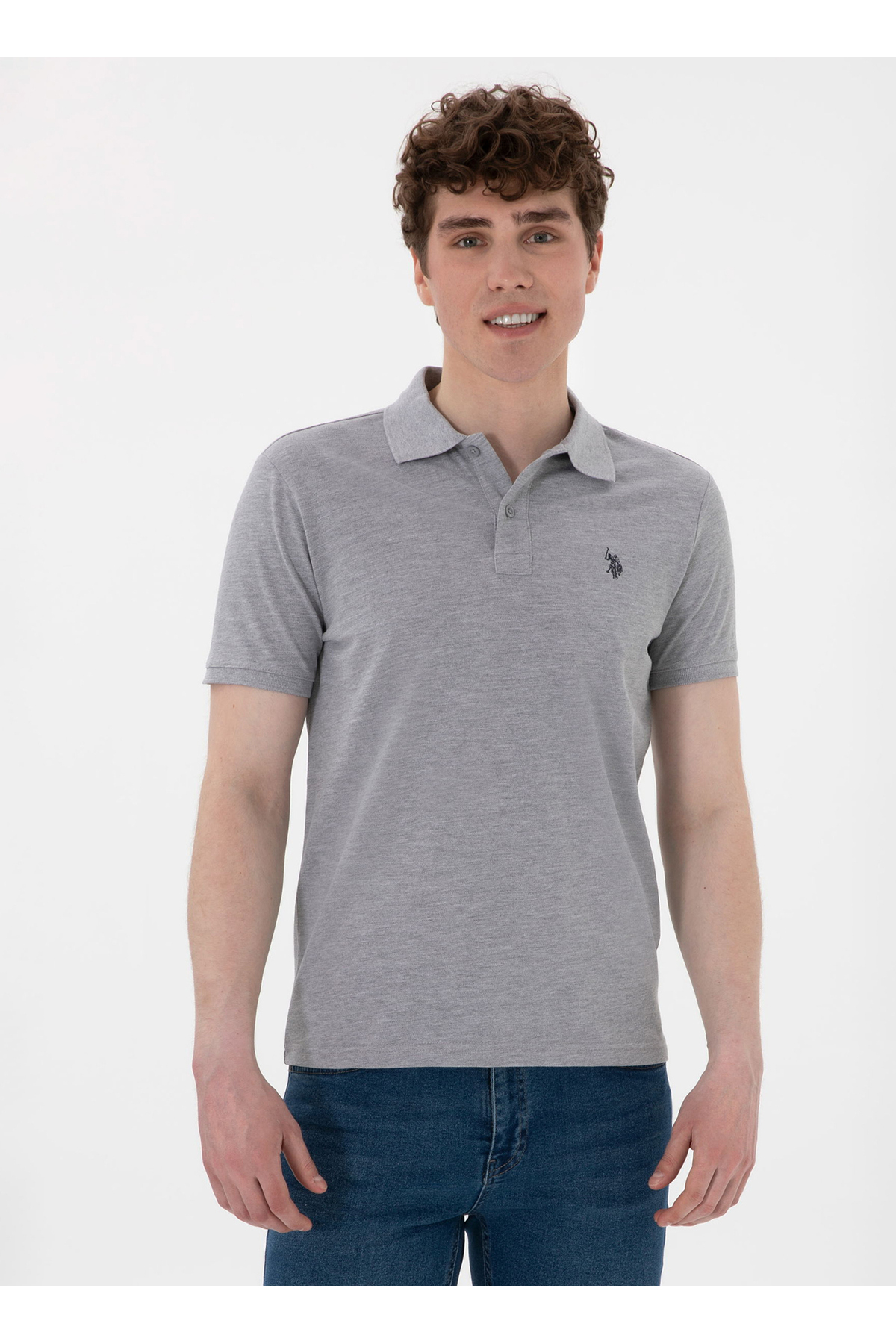 یو اس پولو تی‌شرت یقه‌دار مردانه BASE. Polo Assn. خاکستری ملانژ GTP04