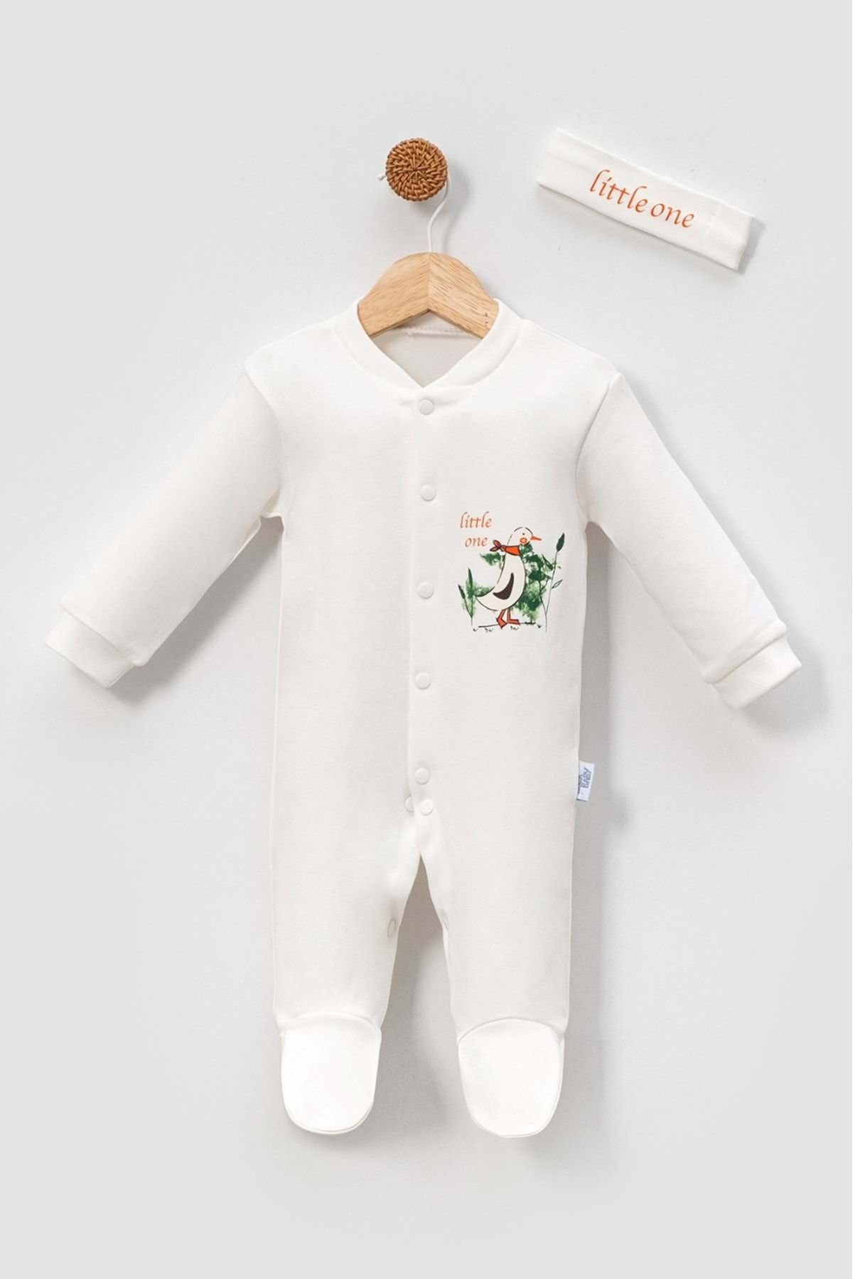 jijek baby kids Little One Penguen Desenli Bebek Tulum ve Saç Bandı Seti - Ekru -6-9AY