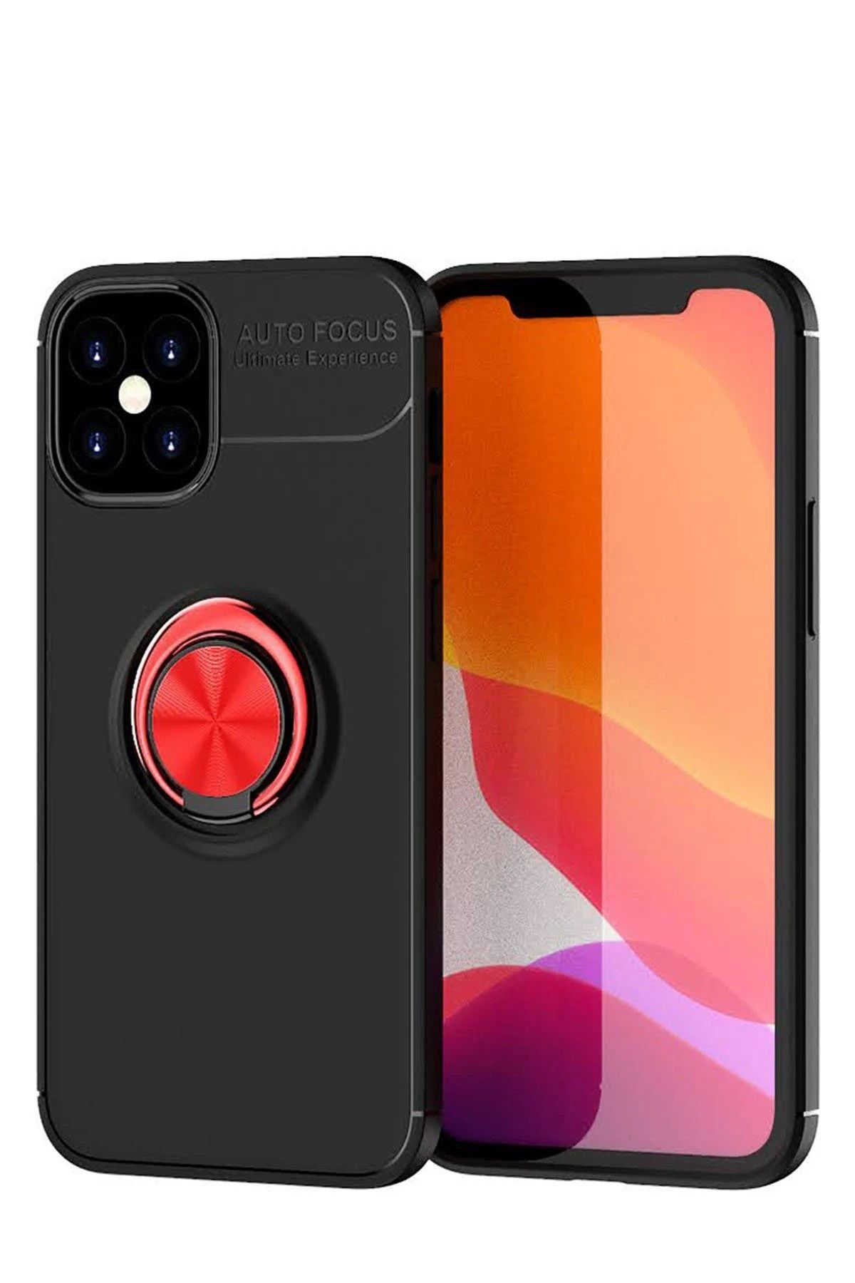 NewFace iPhone 12 Mini Kılıf Range Yüzüklü Silikon - Siyah-Kırmızı NRMSA