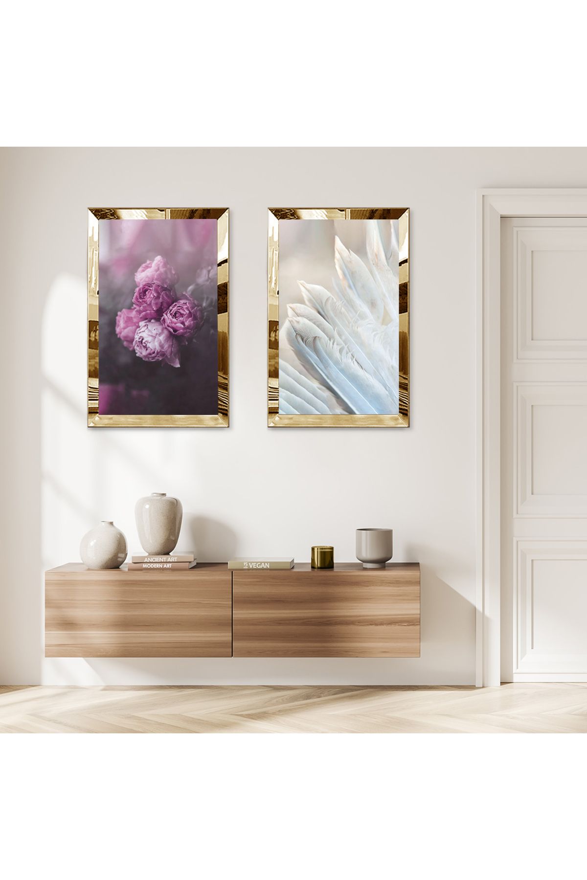 Zevahir Mobilya Dekorasyon-Purple White Flowers Double Mdf Table Set with Gold Mirrored Plexi Frame 1
