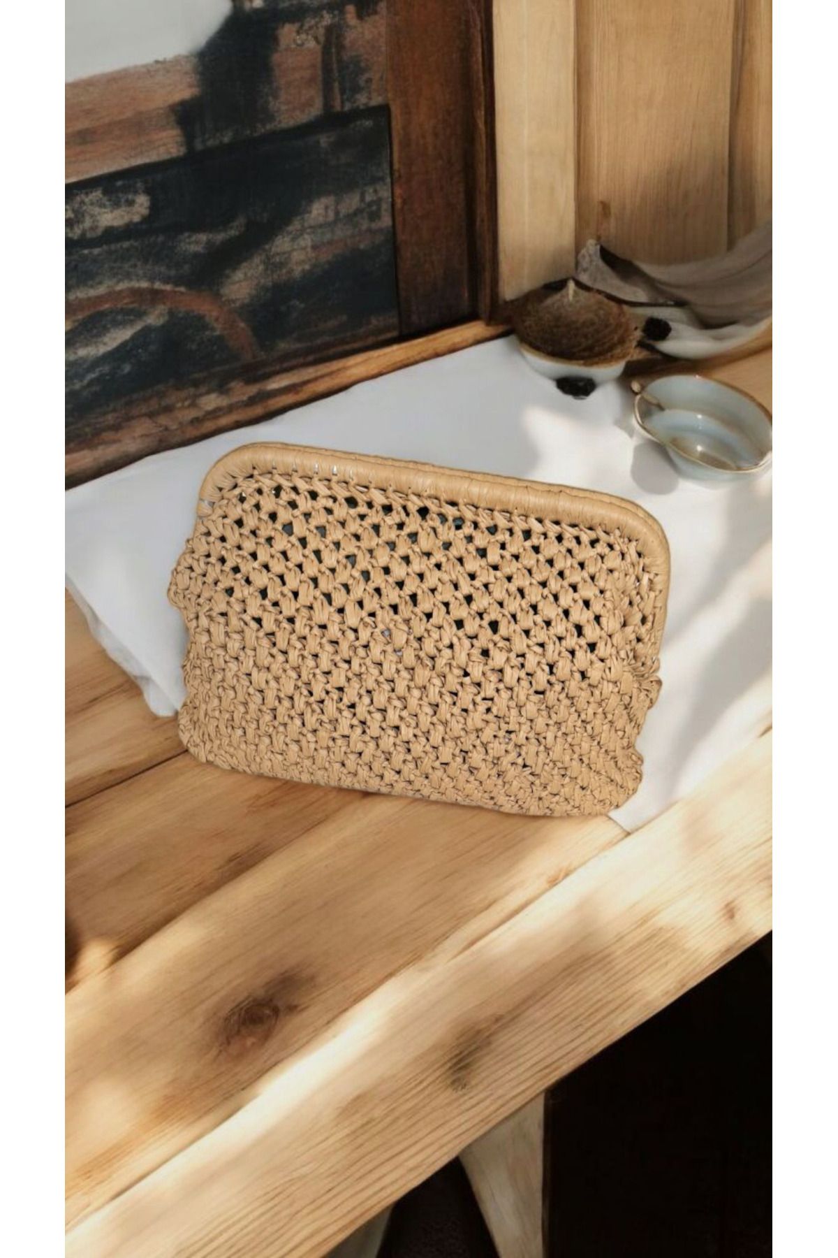 BY MİMİMU El Yapımı Burslu Portföy Clutch Deri görünümlü Rafya İp