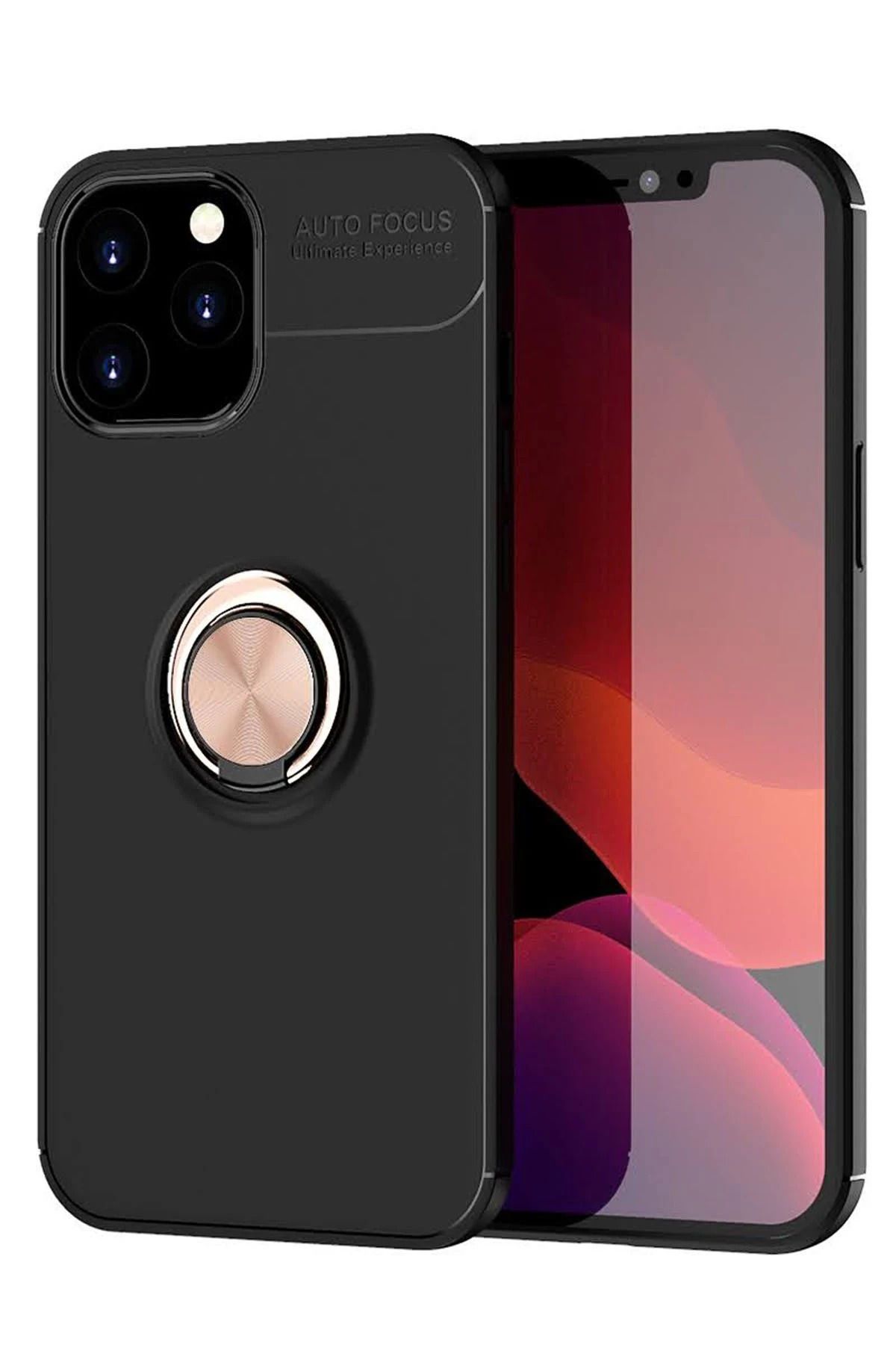 NewFace iPhone 12 Pro Max Kılıf Range Yüzüklü Silikon - Siyah-Gold HNZRN
