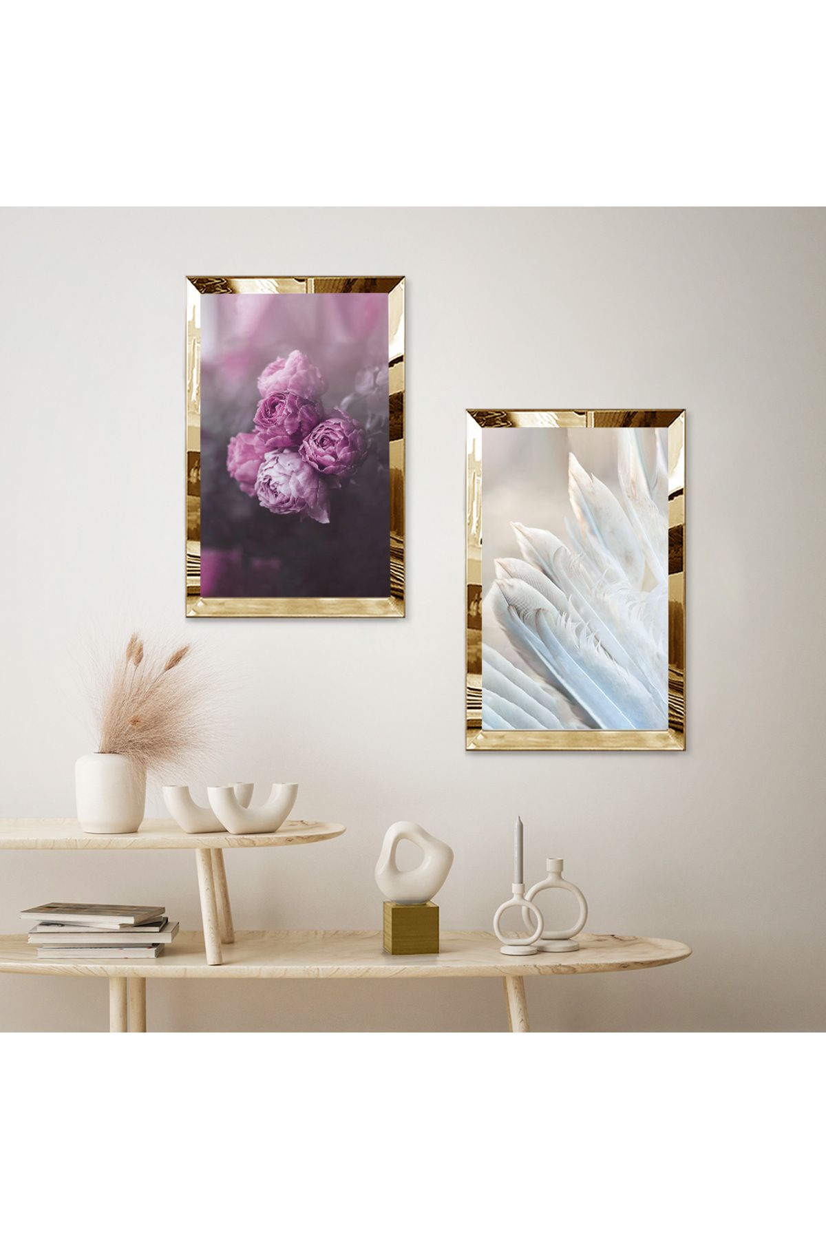 Zevahir Mobilya Dekorasyon-Purple White Flowers Double Mdf Table Set with Gold Mirrored Plexi Frame 2