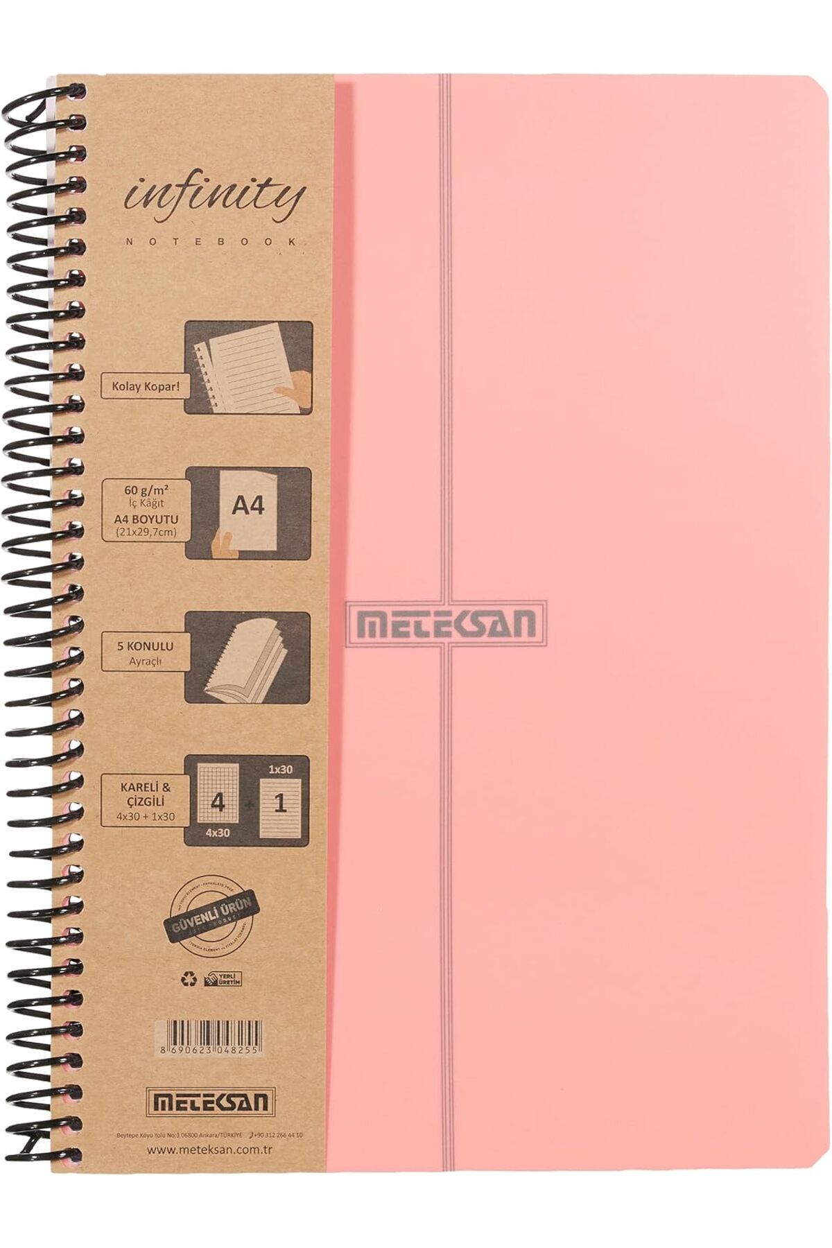 STOREMAX Infinity Pastel Serisi, A4, 5 Konulu (4 Kareli, 1 Çizgili) 150 Yaprak PP Kapaklı Spiralli Defter,