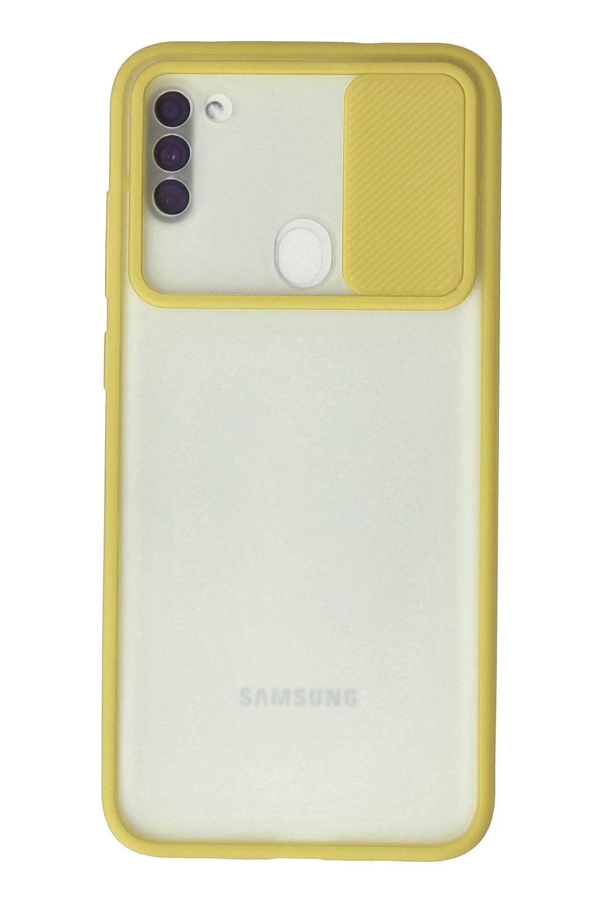 NewFace Samsung Galaxy A11 Kılıf Palm Buzlu Kamera Sürgülü Silikon - Sarı INSLM