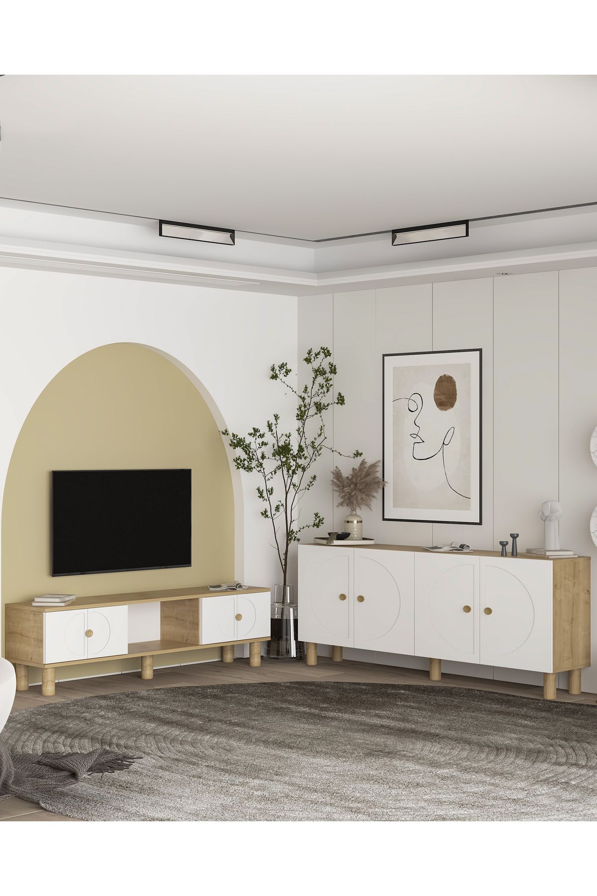 DemonteHome İNCİDH (KB150) KONSOL VE BOHEM TV SEHPASI 2'Lİ SALON TAKIMI SAFİRMEŞE-BEYAZ