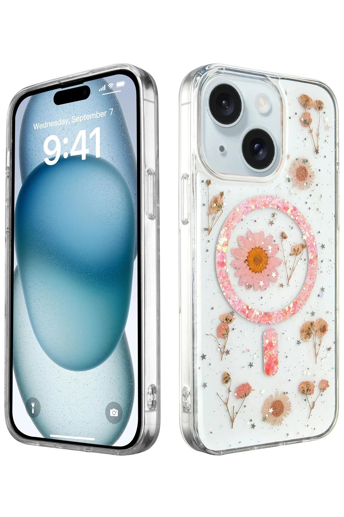NewFace iPhone 15 Kılıf Daisy Simli Magsafe Kapak - Pembe BSTMY