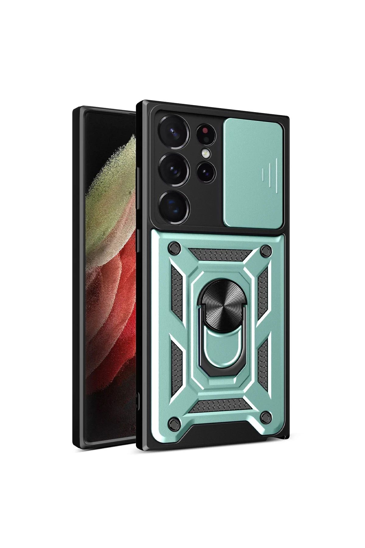 NewFace Samsung Galaxy S23 Ultra Kılıf Pars Lens Yüzüklü Silikon - Yeşil JOJUA
