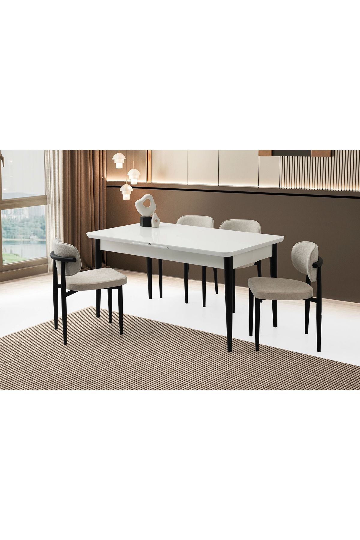 Evistro Ortadan Açılır Büyüyen 90x160cm Beyaz Ahşap Salon Yemek Masa Bej Sandalye Takımı 4 Sandalyeli