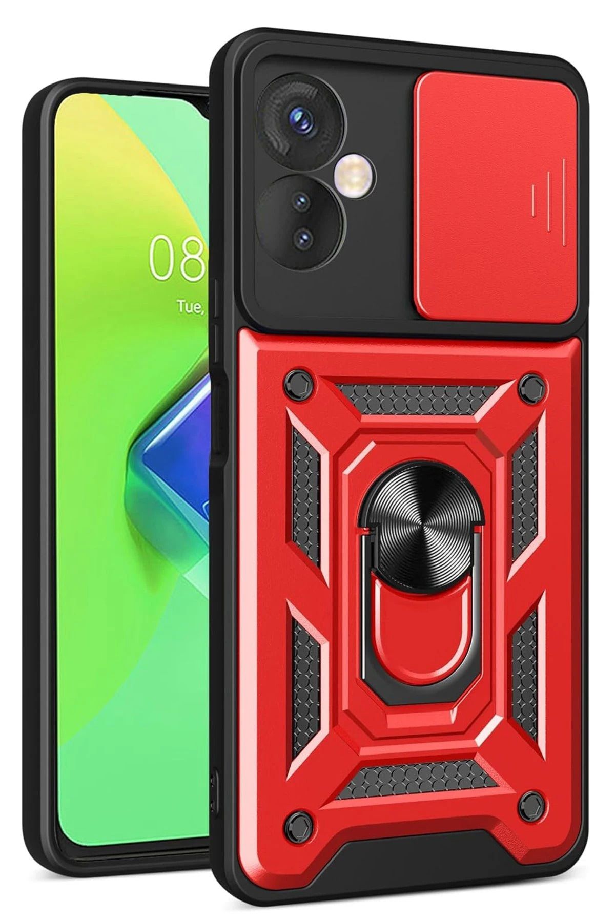 NewFace İnfinix Hot 30 4G Kılıf Pars Lens Yüzüklü Silikon - Kırmızı BSTMY