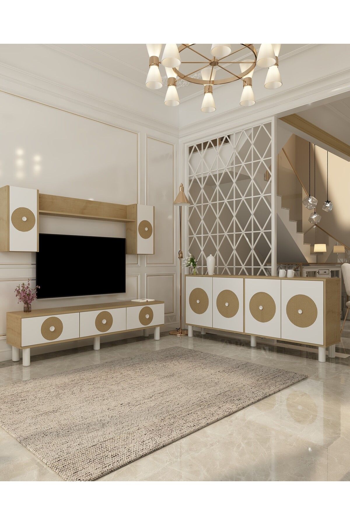 DemonteHome Derendh Bohem Tv Ünitesi Takımı Ve (KX180)bohem Konsol 2'li Salon Takımı SAFİRMEŞE-HAZERAN DESEN