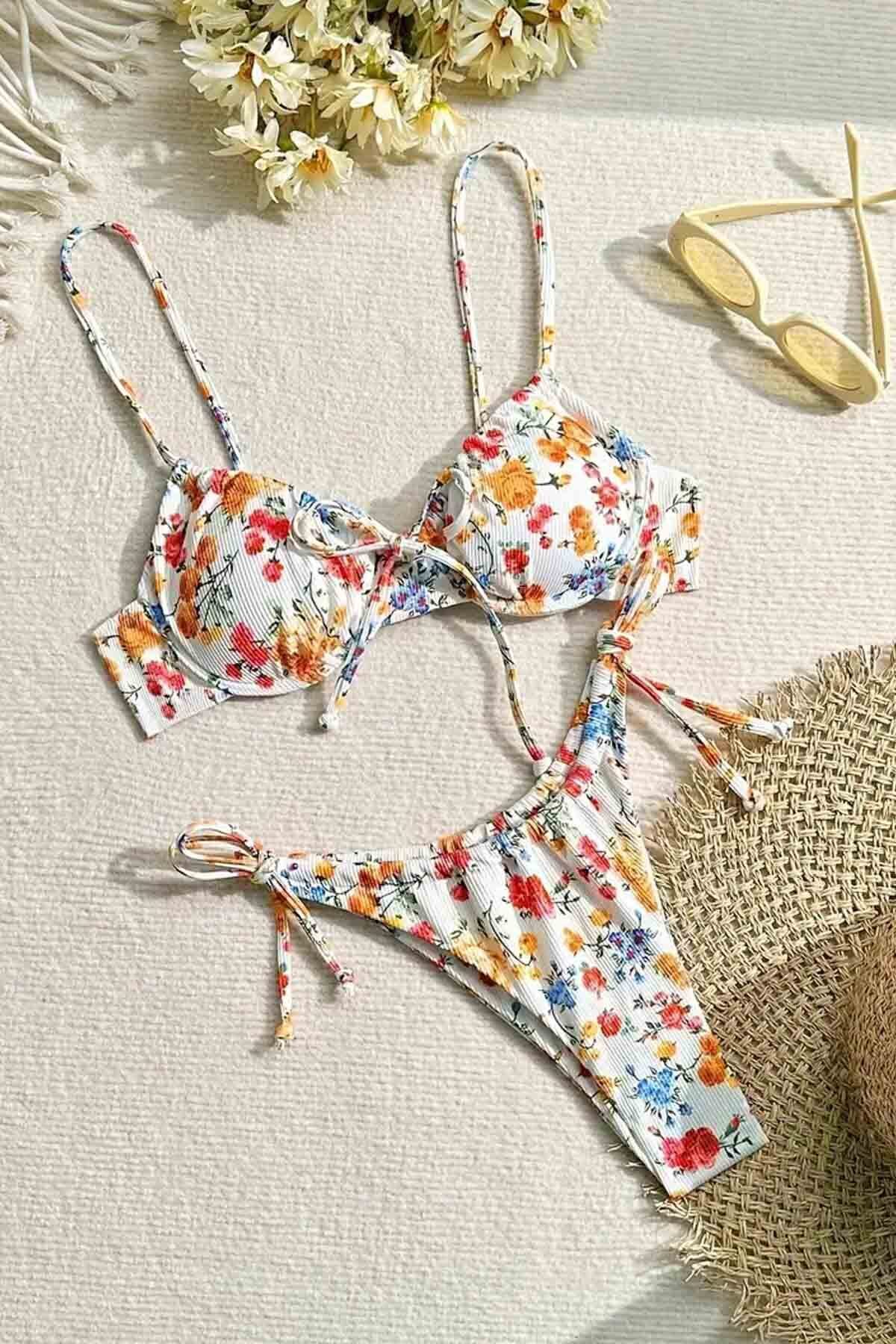 Angelsin-Tie-Up Floral Printed Bikini Bottom 4
