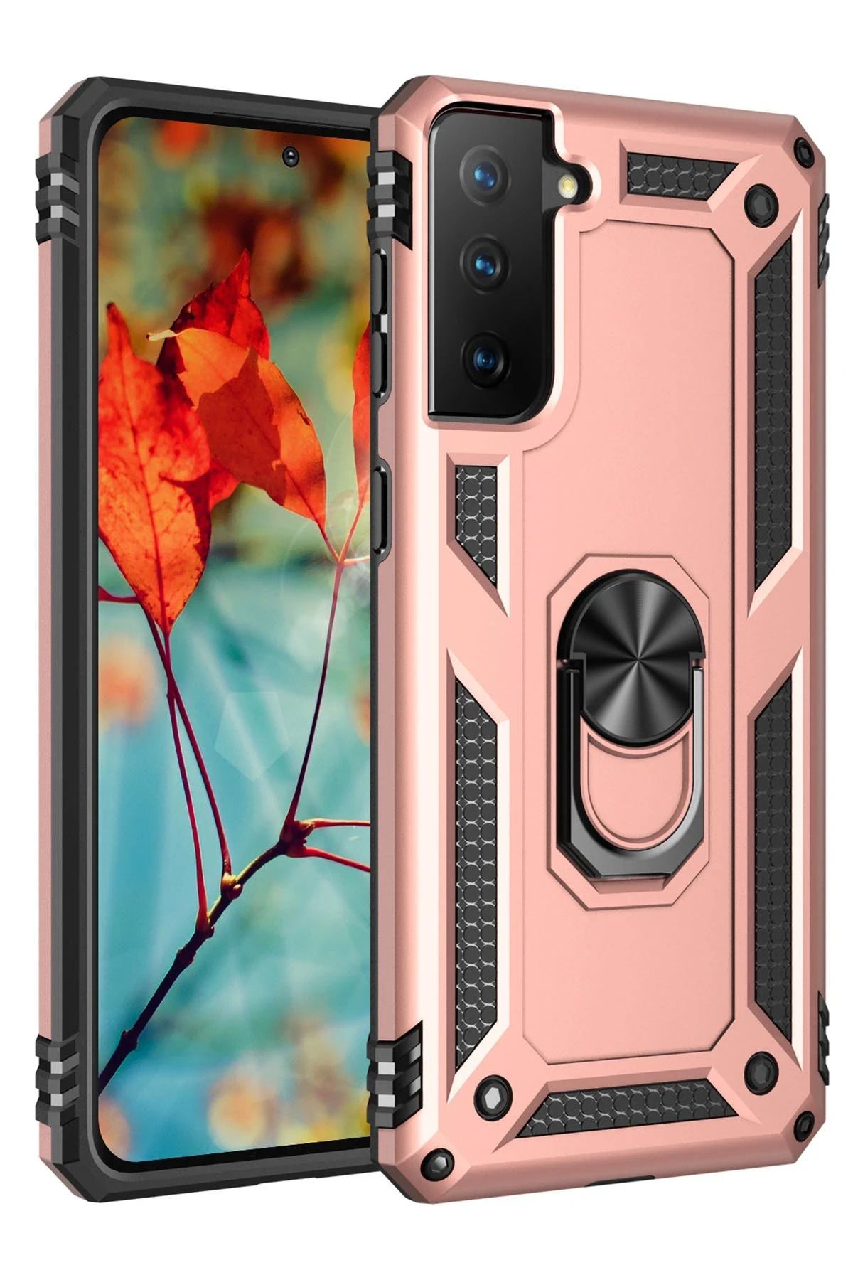 NewFace Samsung Galaxy S21 Plus Kılıf Sofya Yüzüklü Silikon Kapak - Rose HNZRN