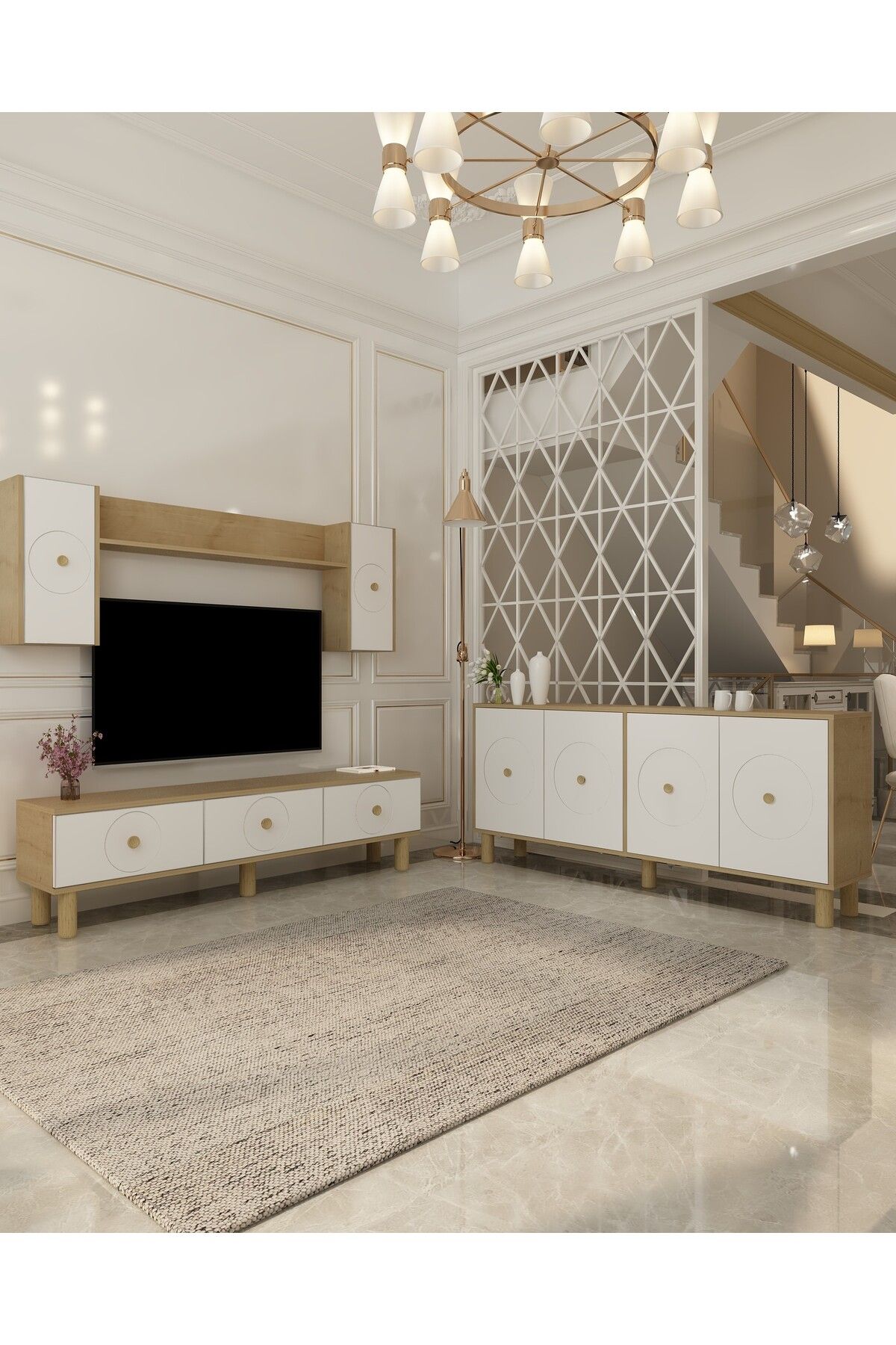DemonteHome Derendh Bohem Tv Ünitesi Takımı Ve (KX180)bohem Konsol 2'li Salon Takımı SAFİRMEŞE-BEYAZ