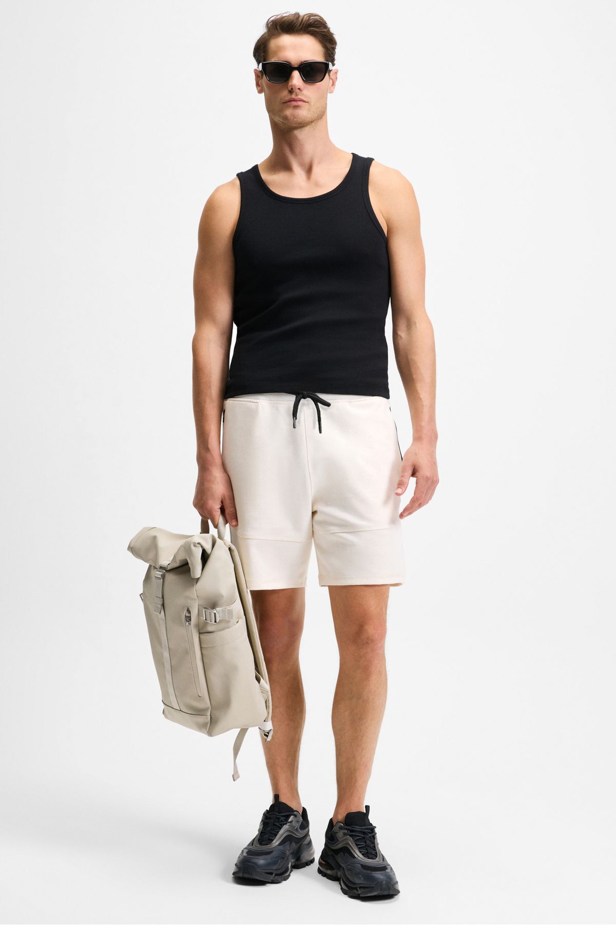 GRIMELANGE-Relaxed Fit Ecru Shorts for Men with Bermuda Corded Side Zipper Pockets 2