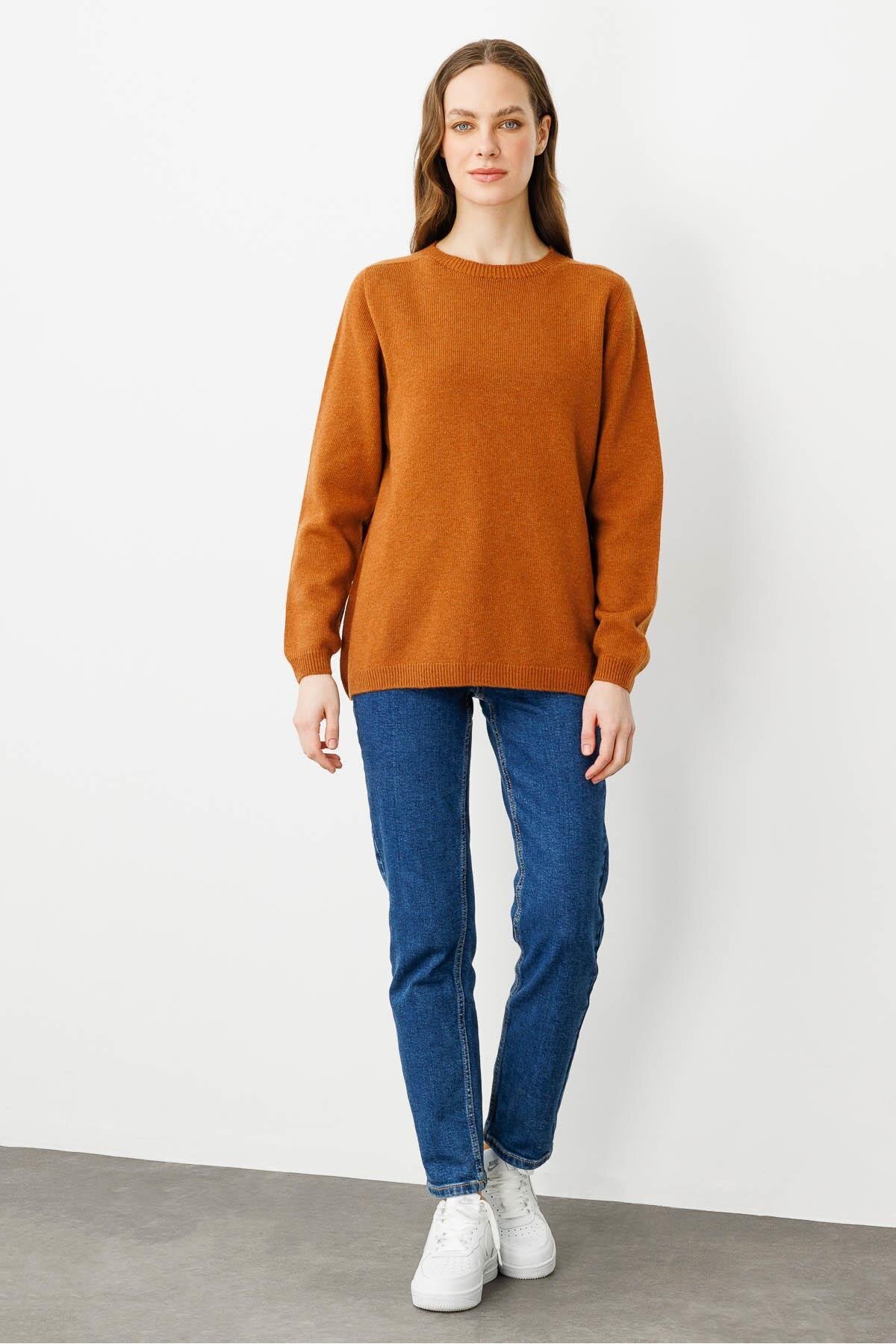 Desen Triko-Women's Crew Neck Classic Wool Sweater Cinnamon 5