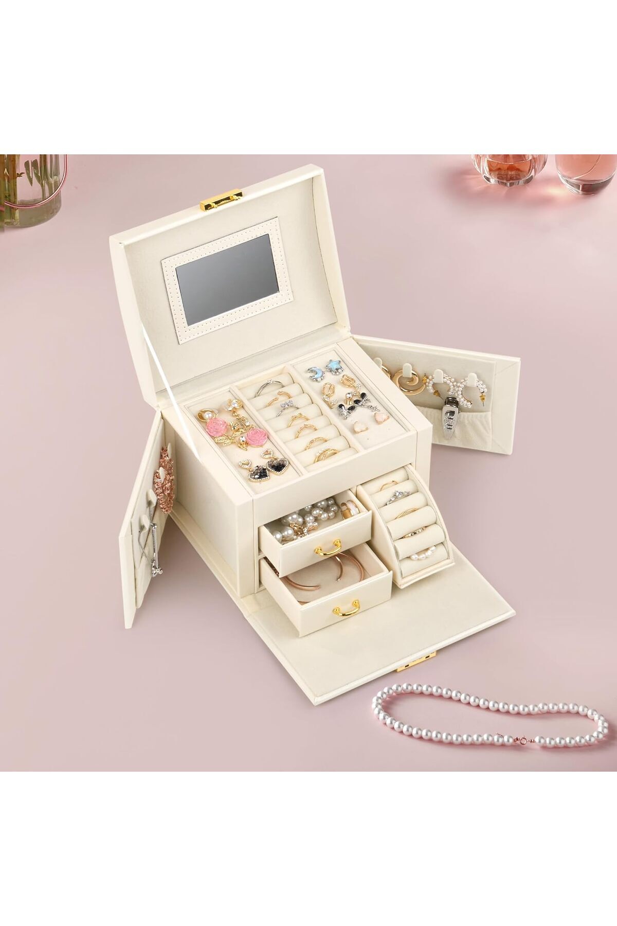 COOYA-3 Drawers for Bracelets Large Jewelry Holder Organizer with Mirror, Earrings, Rings, Necklaces 5