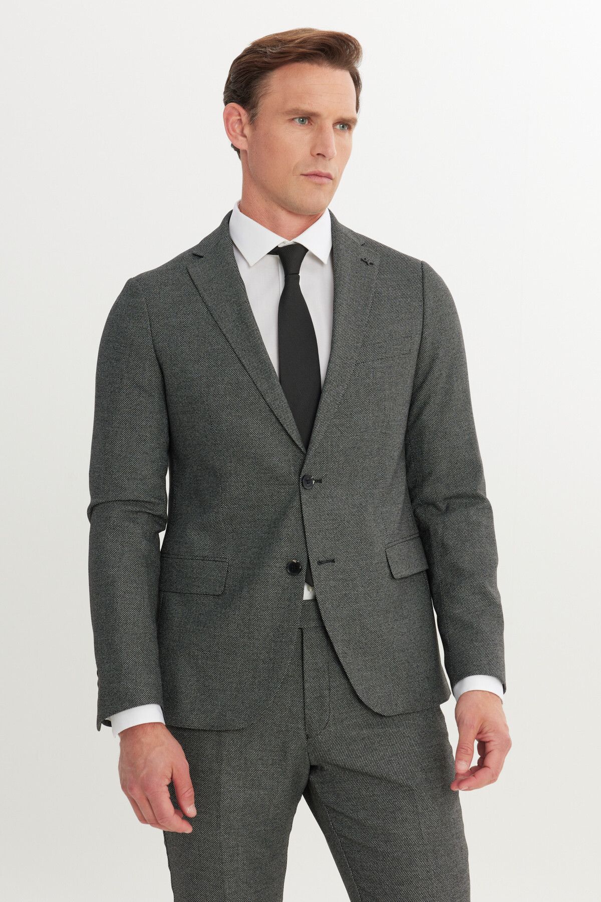 ALTINYILDIZ CLASSICS Erkek Siyah-Gri Slim Fit Dar Kesim Mono Yaka Çift Pantolonlu Takım Elbise