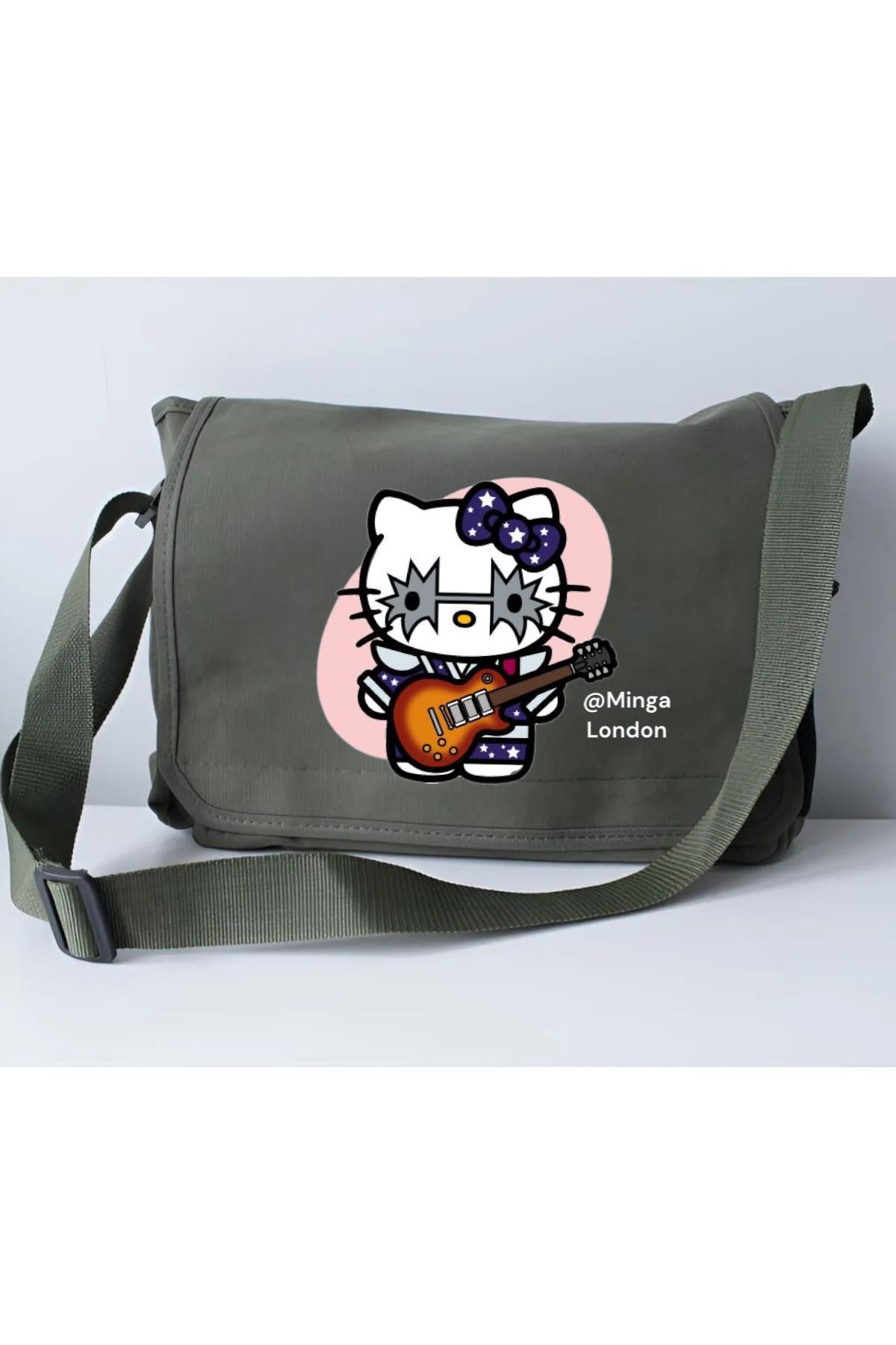 Minga London Haki Gothic Guitarist Hello Kitty Okul, Kurs, Dershane Postacı Çantası -Minga London