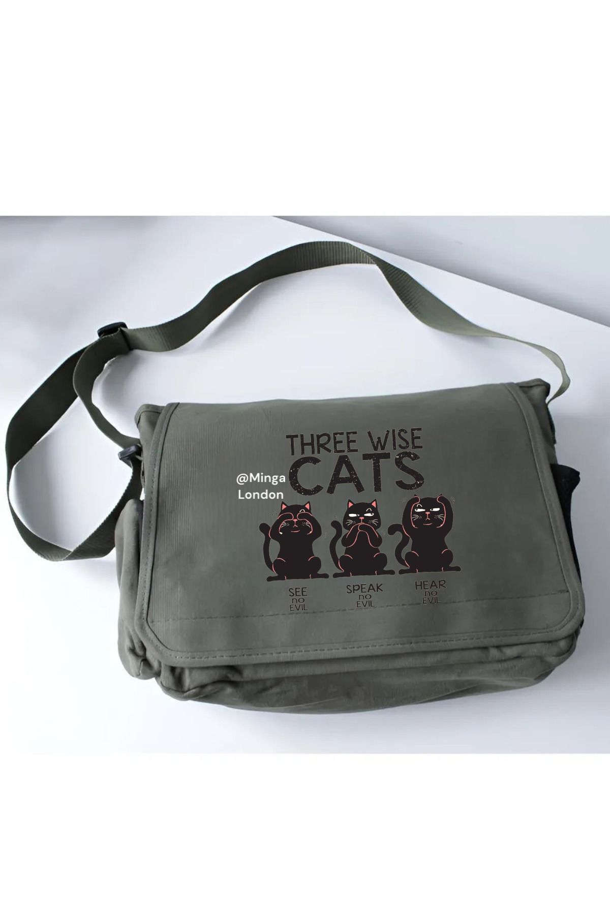 Minga London Haki Three Wise Cat Okul, Kurs, Dershane Postacı Çantası -Minga London