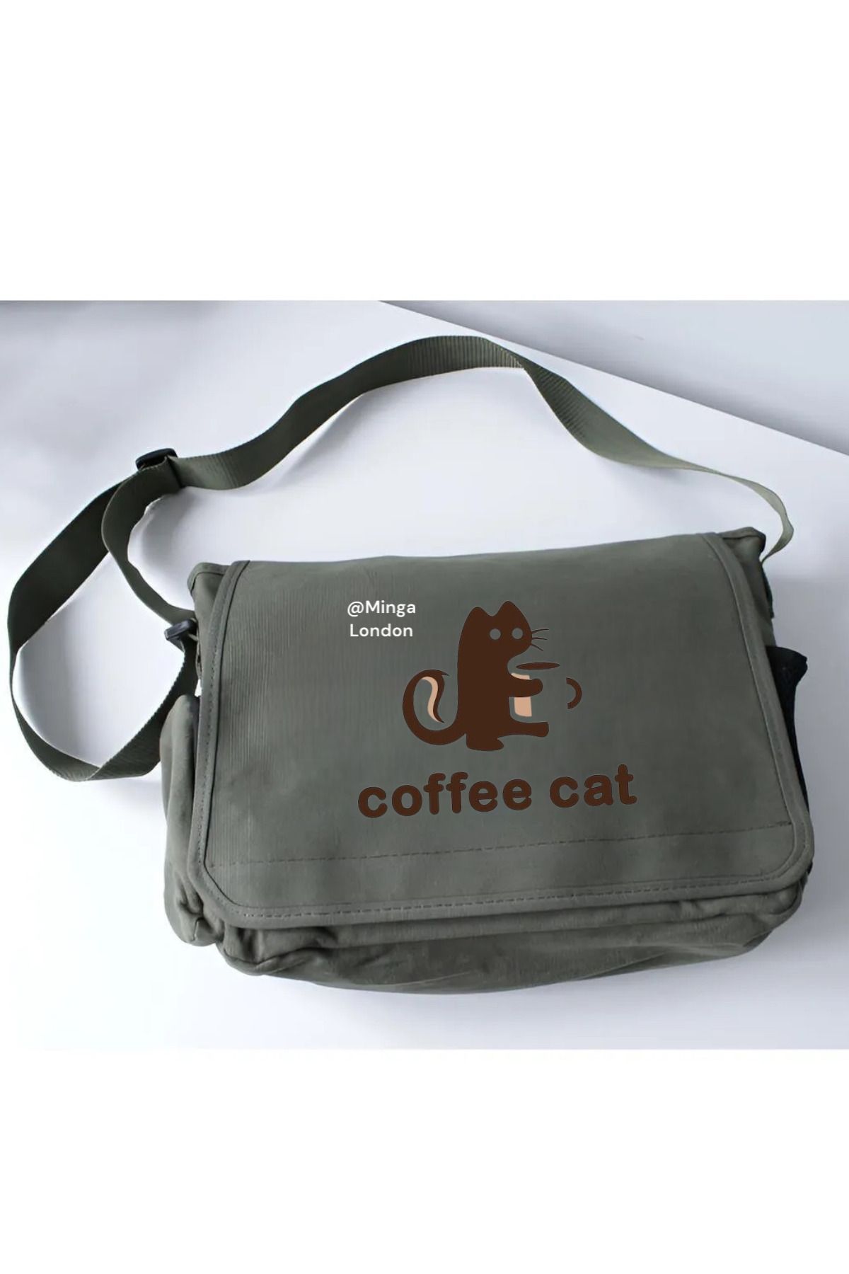 Minga London Haki Coffee Cat Brown Okul, Kurs, Dershane Postacı Çantası -Minga London