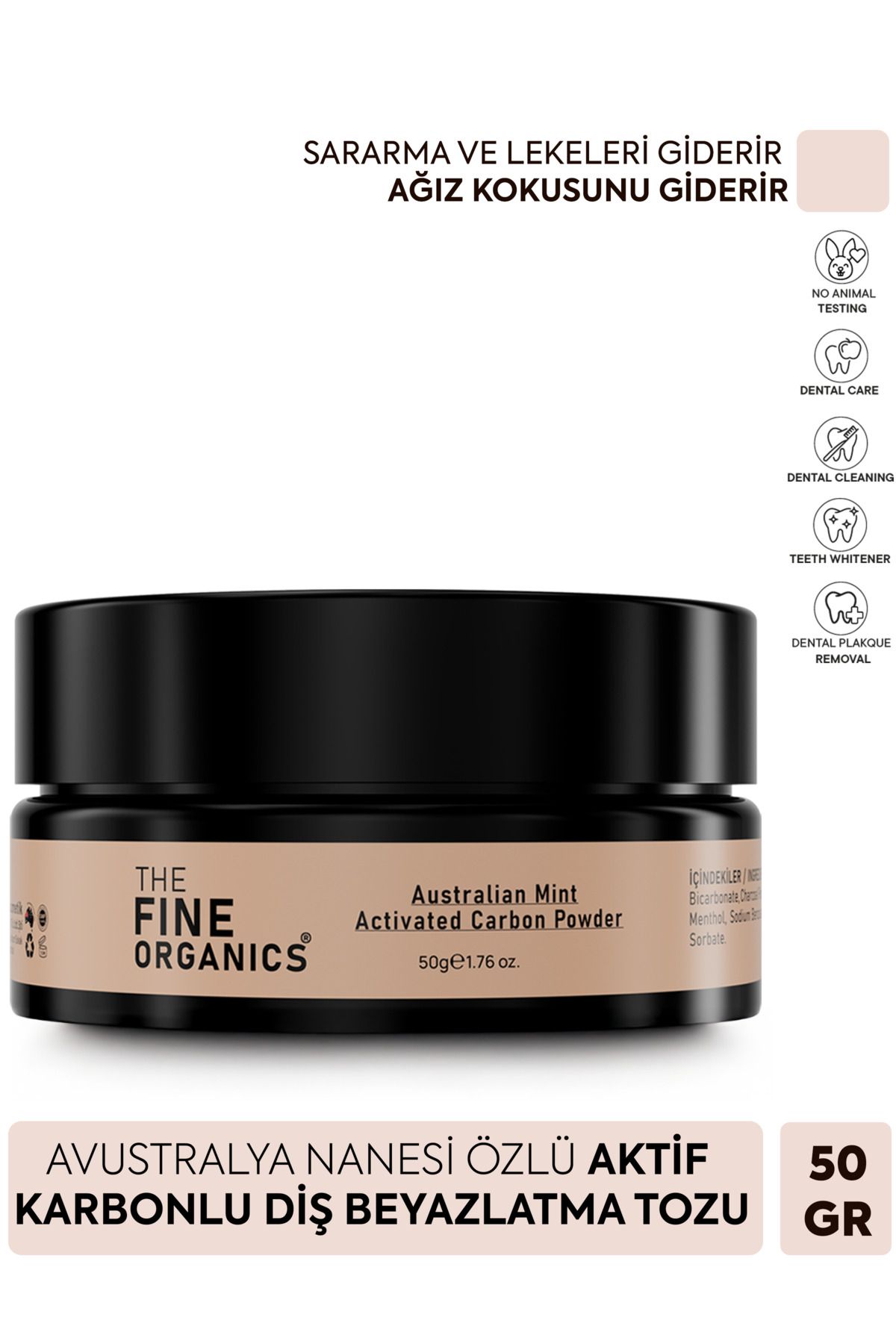محصولات سفیدکننده دندان پودر سفید کننده نعناع استرالیایی و کربن 50 گرم THE FINE ORGANICS