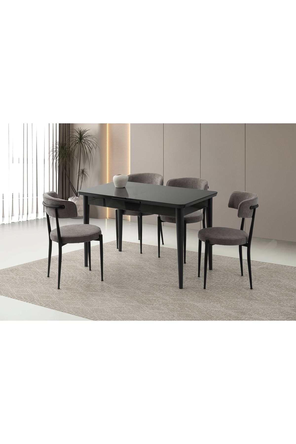 Evistro Kelebek Hg Ortadan Açılır Büyüyen 90x160cm Koyu Gri Ahşap Salon Yemek Masa Gri Sandalye Takımı 4 San
