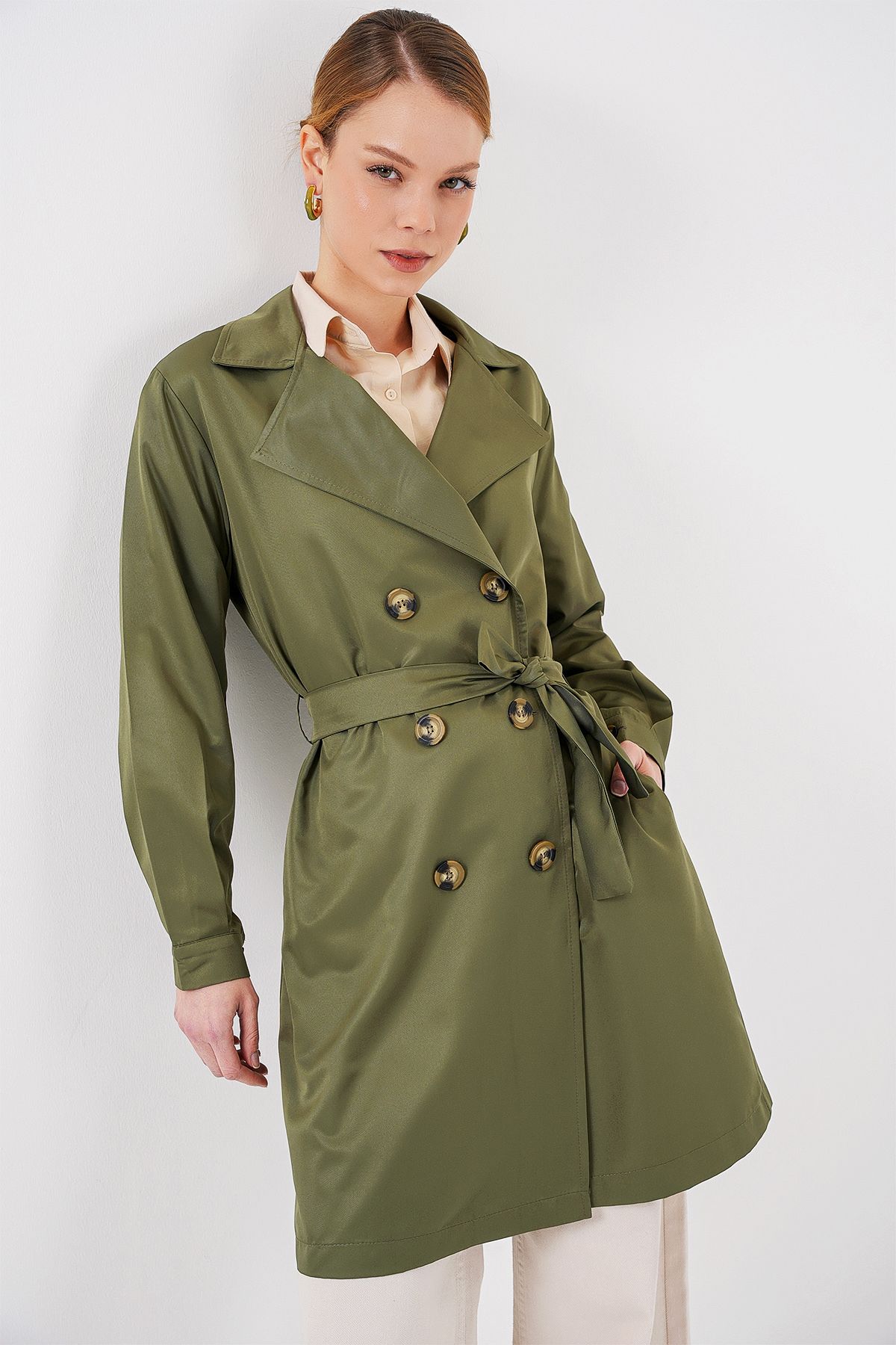 Bigdart-5864 Kurzer Trenchcoat mit zweireihigem Kragen – Khaki 3
