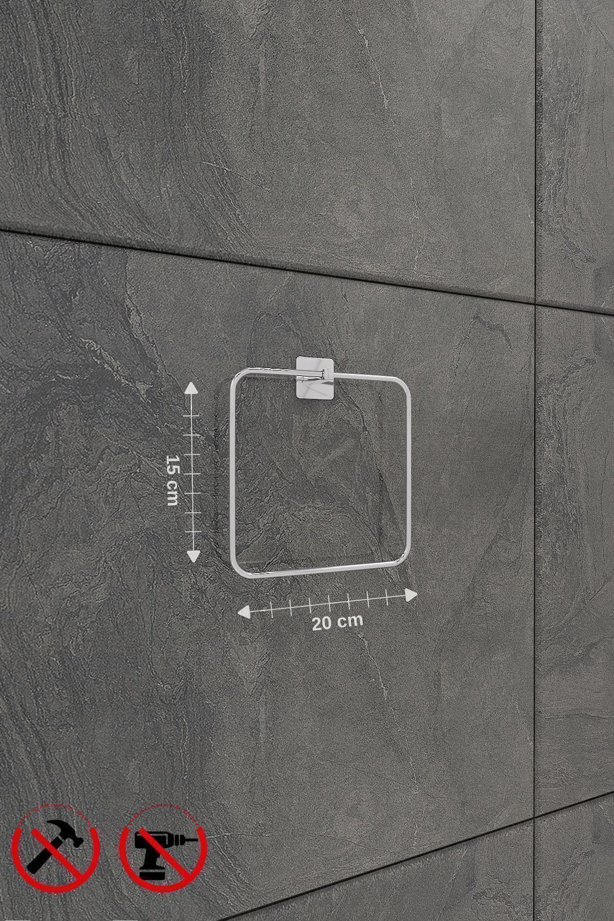 Alper Banyo-Σετ μπάνιου Scilla Square Chrome 3 τεμαχίων με αυτοκόλλητο |   Τετράγωνη θήκη για πετσέτες, Solo θήκη για πετσέτες, τετράγωνη κρεμάστρα για πετσέτες 4