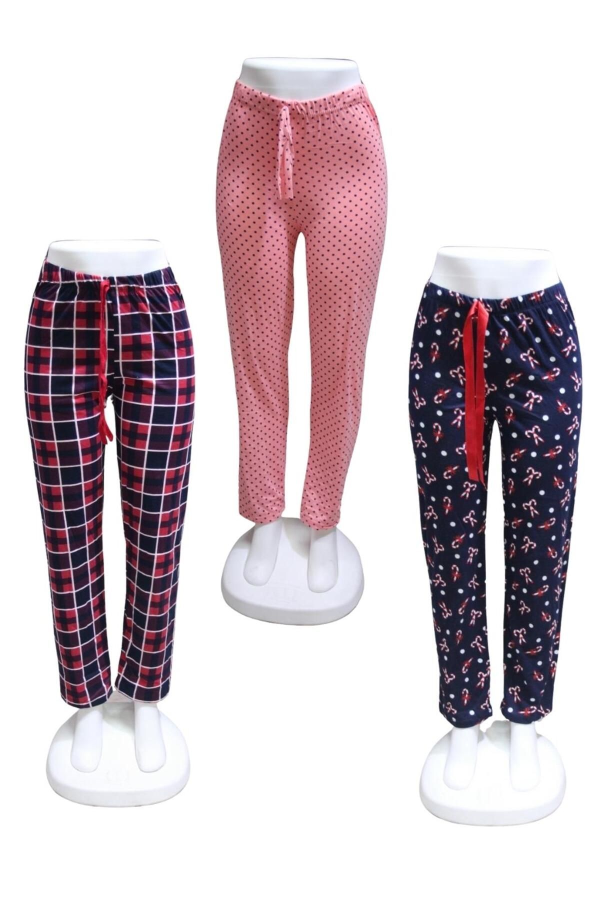 ZambakModa Likralı 3 lü Paket Kurdele Bel Detaylı Baskılı Cepsiz Kadın Pijama Altı1025