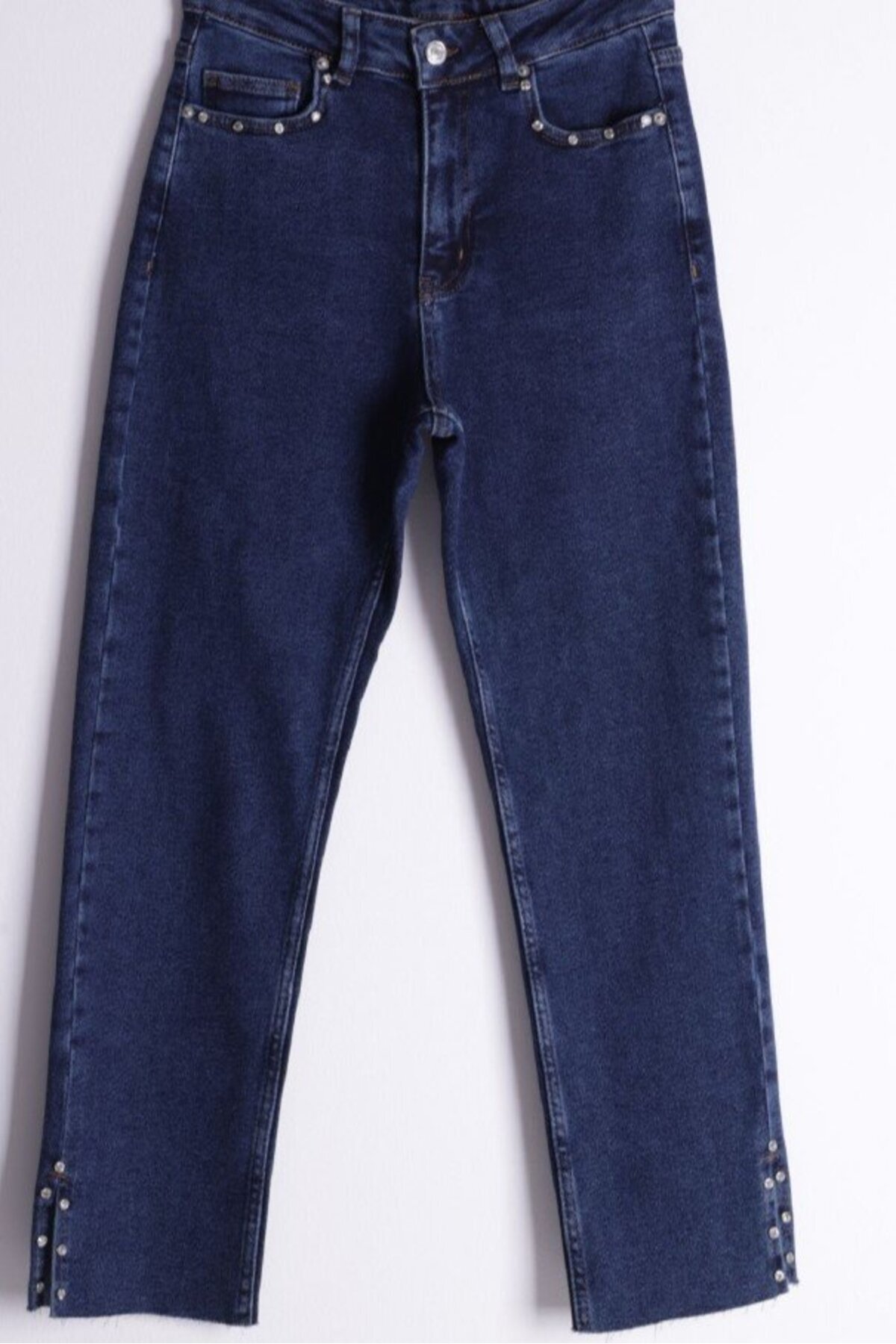 RICHMOST-High Waisted Mom Fit Women's Jean Jeans with Rhinestones at the Legs and Slit Pockets Straight Dark Rins Denim 4