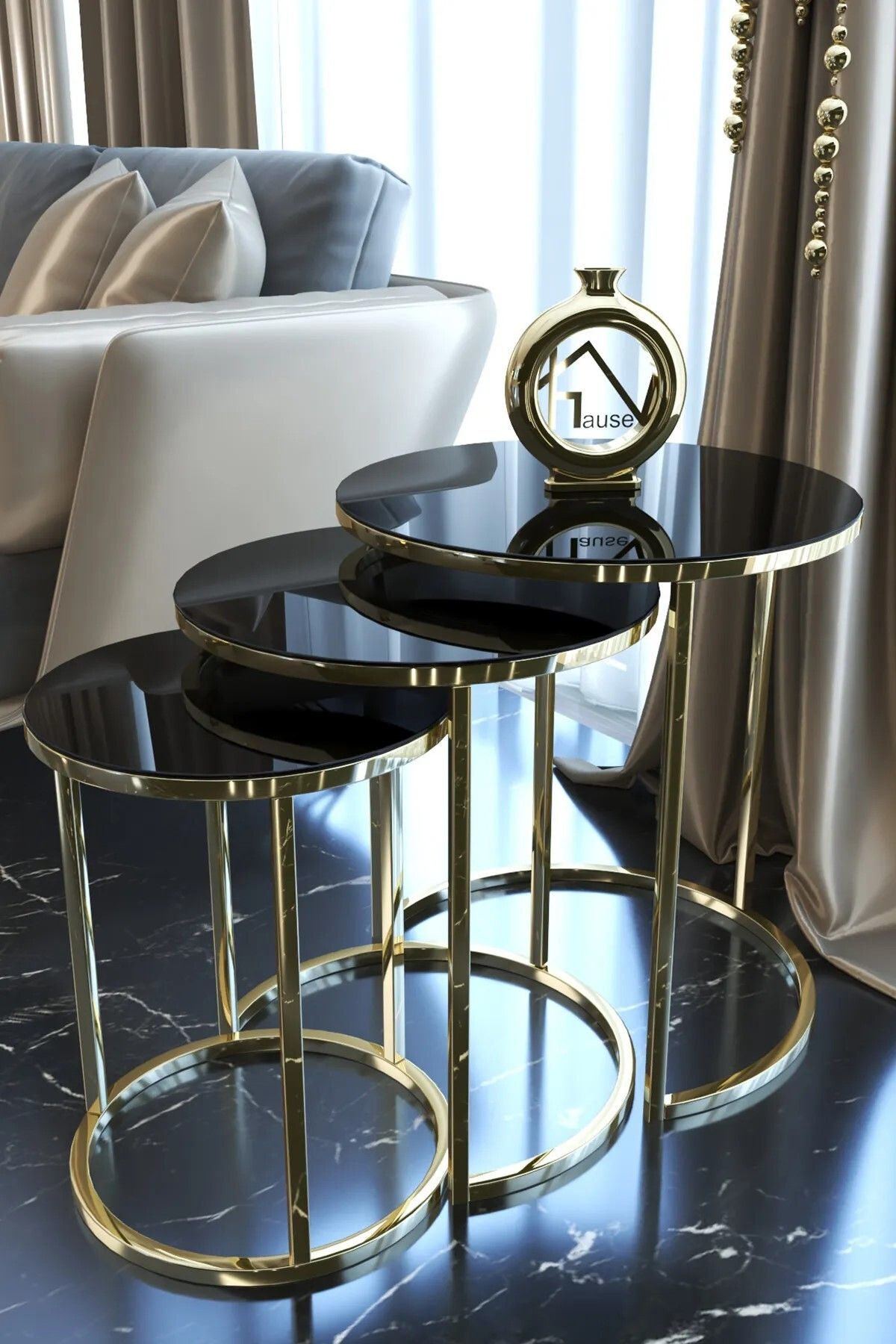 HAUSEV Gold Metal Zigon Sehpa ''Kırılmaz Siyah Cam '' metal gold sehpa