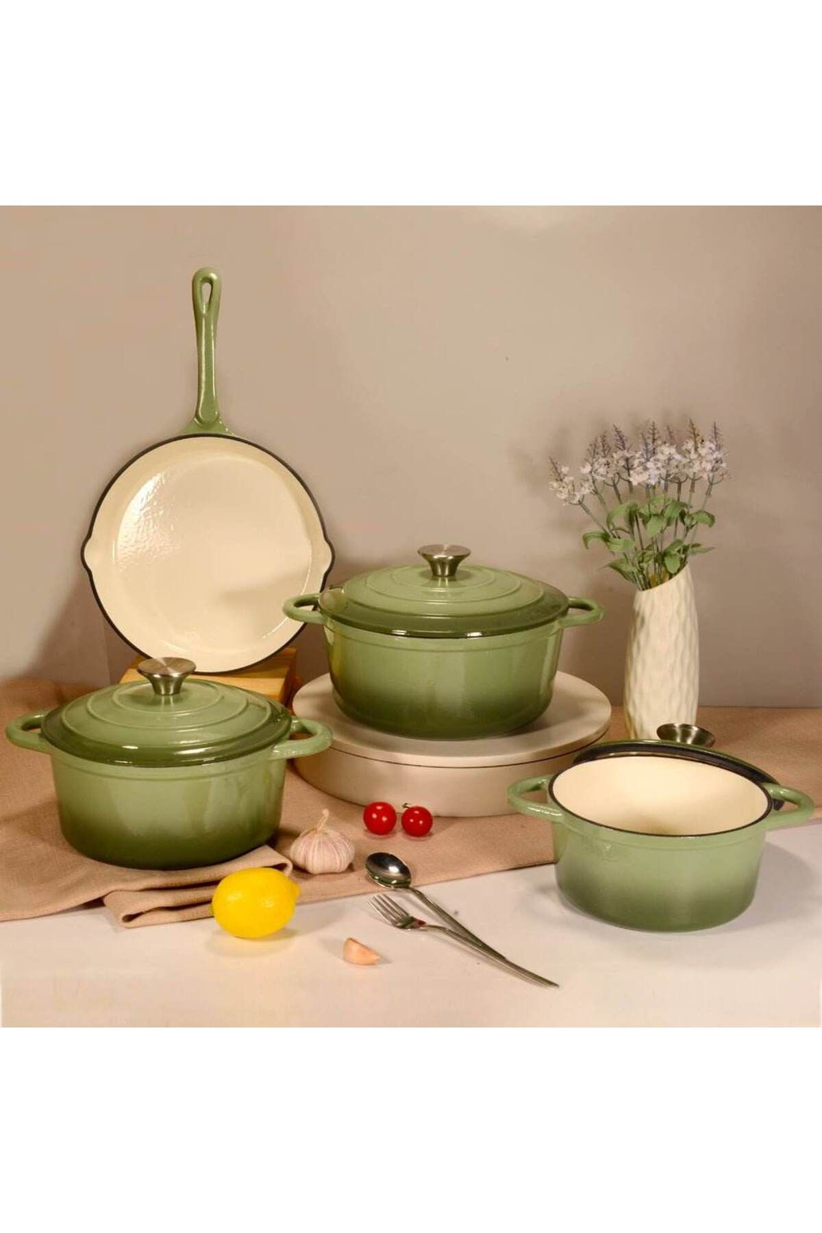 VAV GET 7-Piece Enameled Cast Iron Dutch Oven Set with Lids and Gloves.