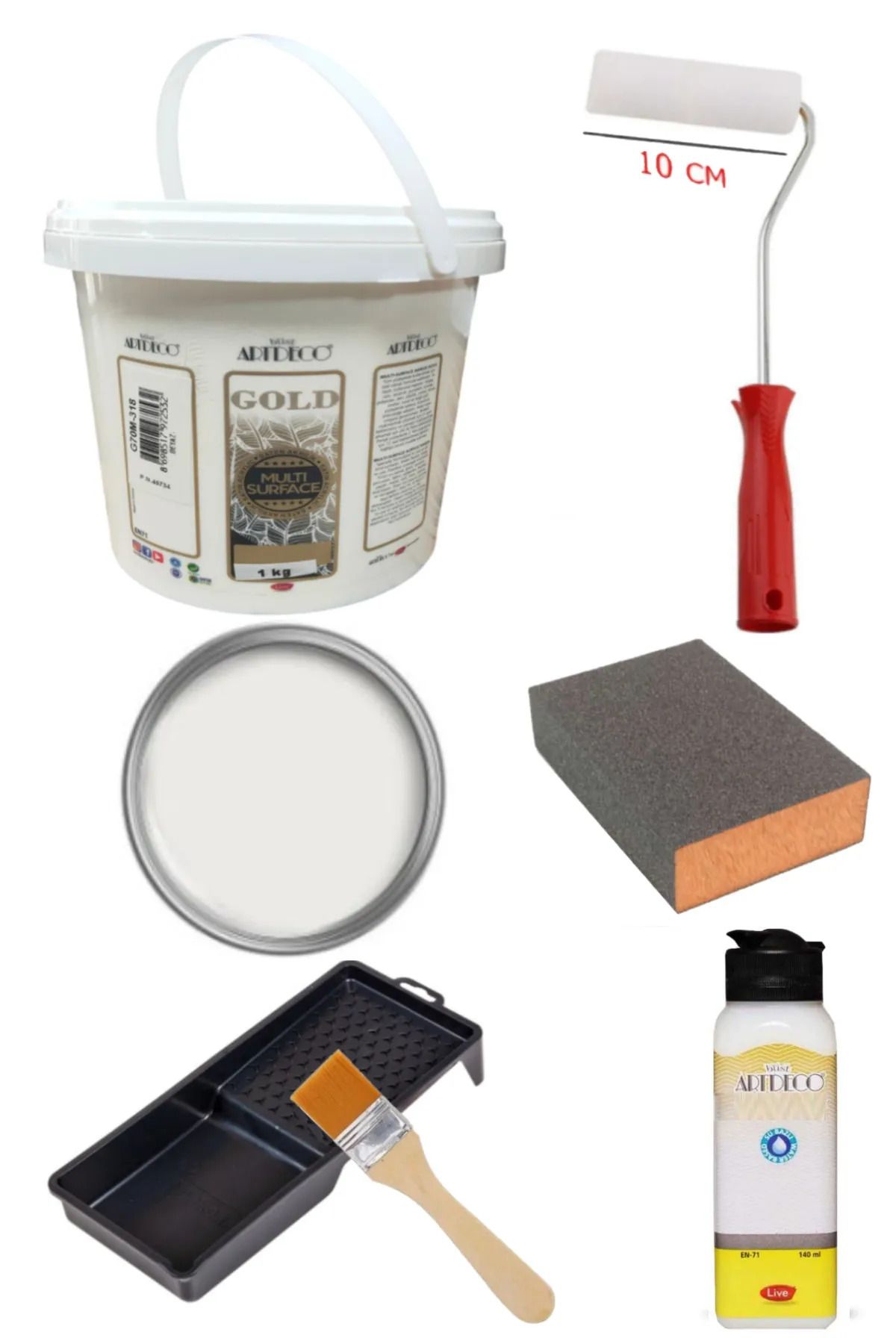 arttone Artdeco Multi Surface Akrilik Boya 1 KG Beyaz Rulo ve Fırça Tavası Su Bazlı Parlak Vernik 140 ml Set