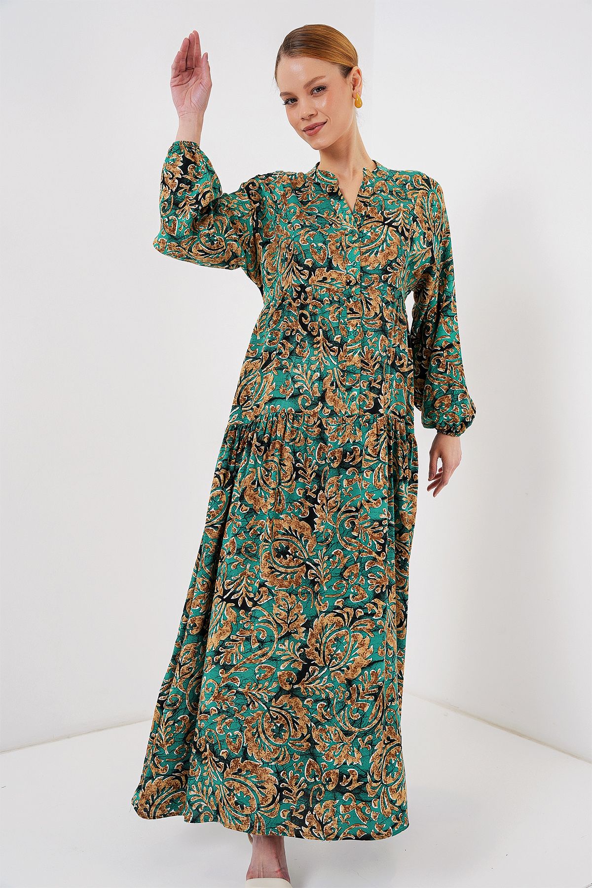 Bigdart-2423 Authentic Patterned Hijab Dress - Y. Aqua Green 6