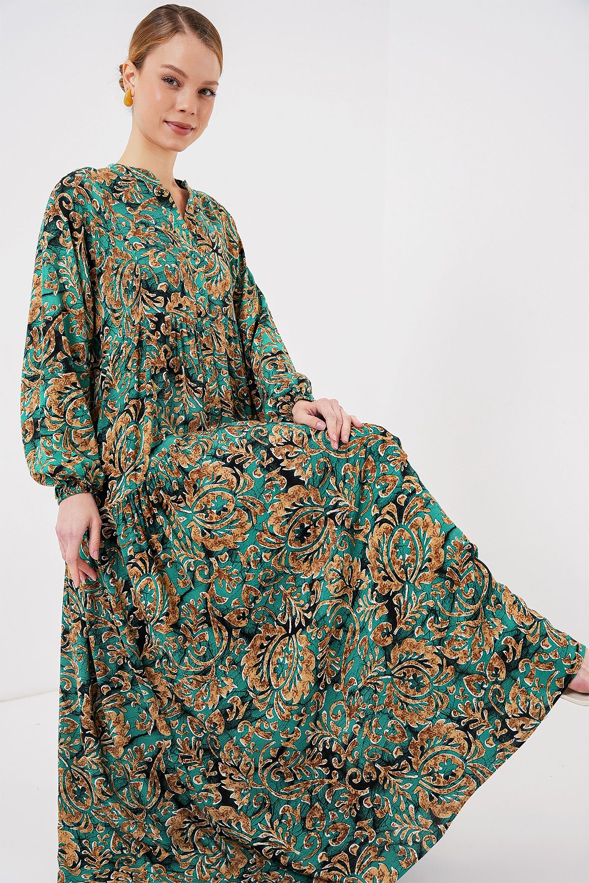 Bigdart-2423 Authentic Patterned Hijab Dress - Y. Aqua Green 2
