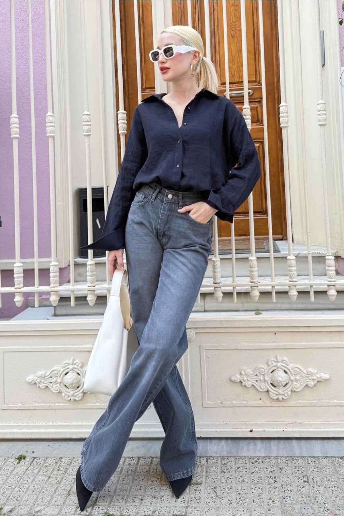 Madmext-Navy Blue Muslin Fabric Basic Women's Shirt Mg1660 6