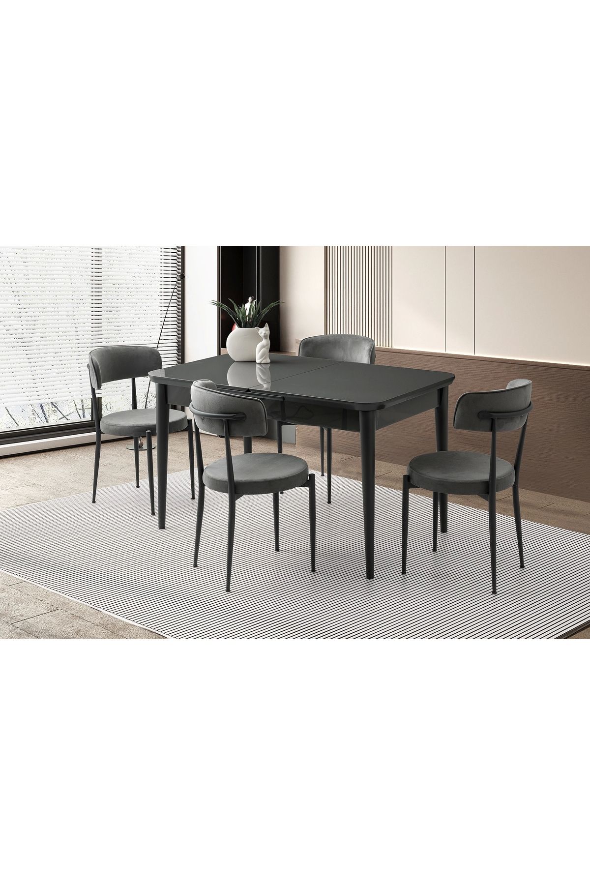 Evistro Ortadan Açılır Büyüyen 90x160cm Koyu Gri Ahşap Salon Yemek Masa Gri Gözde Sandalye Takımı 4 Sandalye