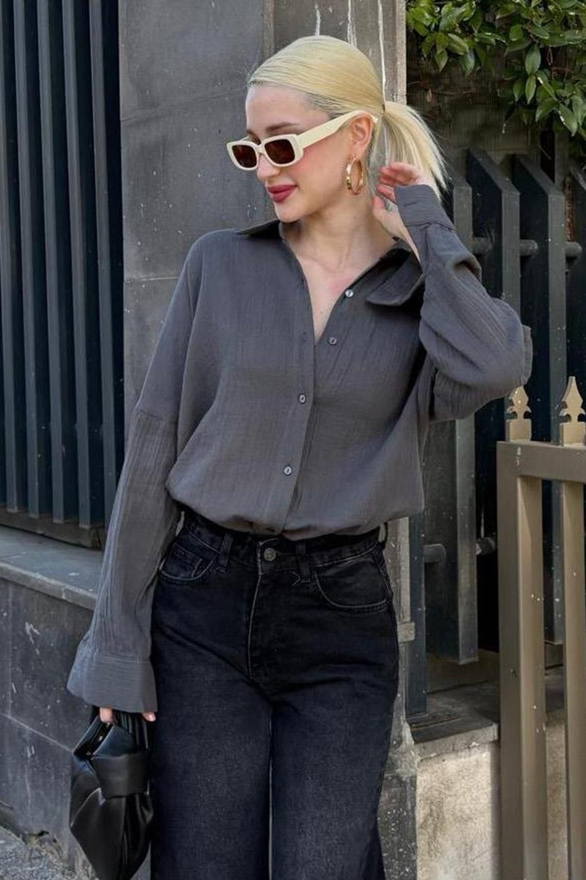 Madmext-Anthracite Muslin Fabric Basic Women's Shirt Mg1660 2