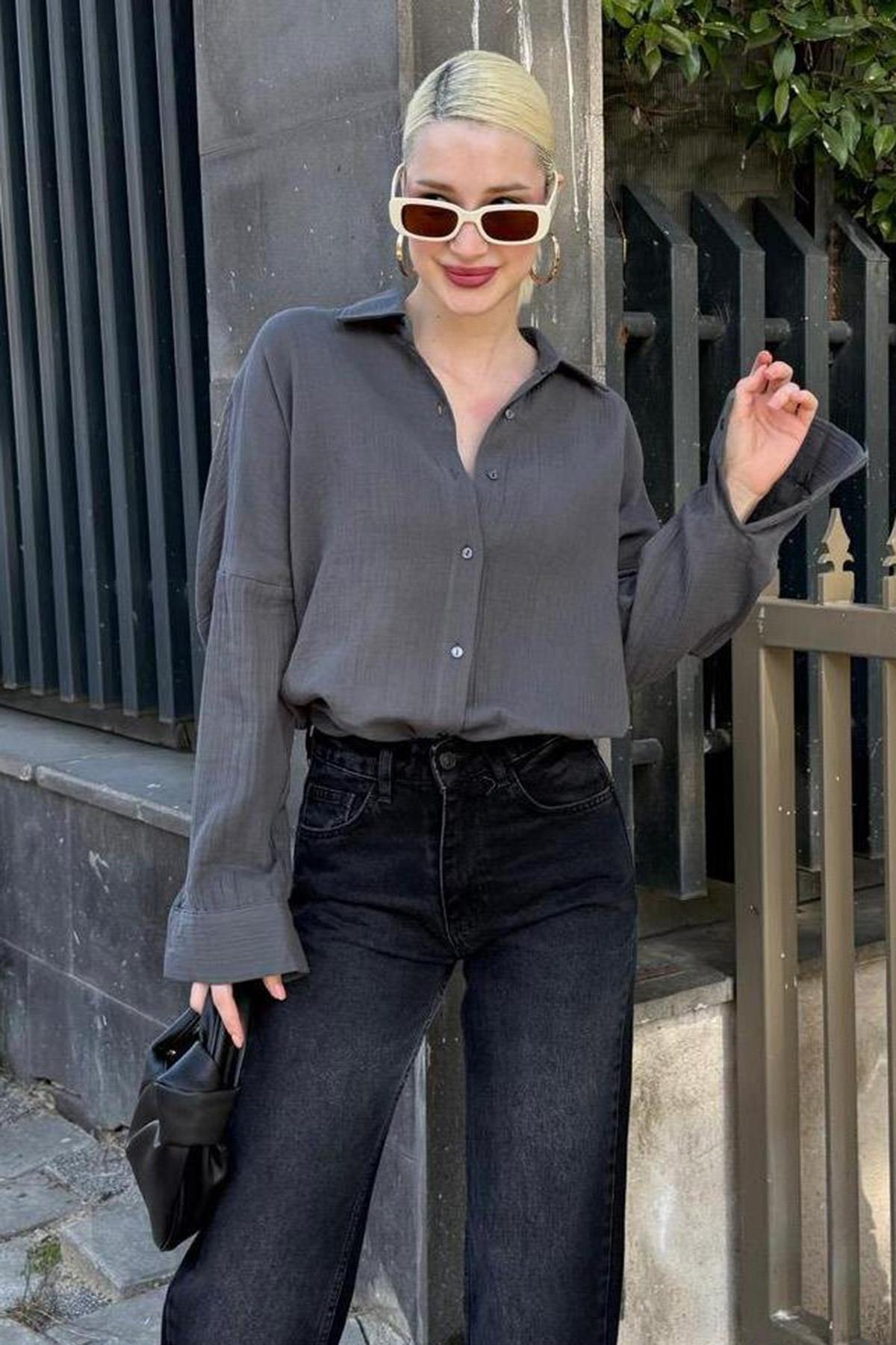 Madmext-Anthracite Muslin Fabric Basic Women's Shirt Mg1660 5