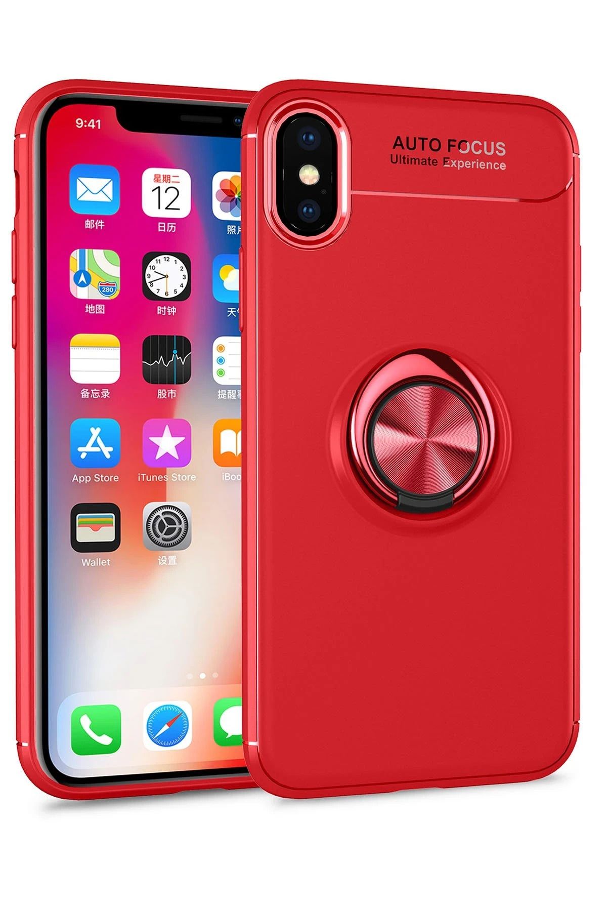NewFace iPhone XS Kılıf Range Yüzüklü Silikon - Kırmızı LZWDR